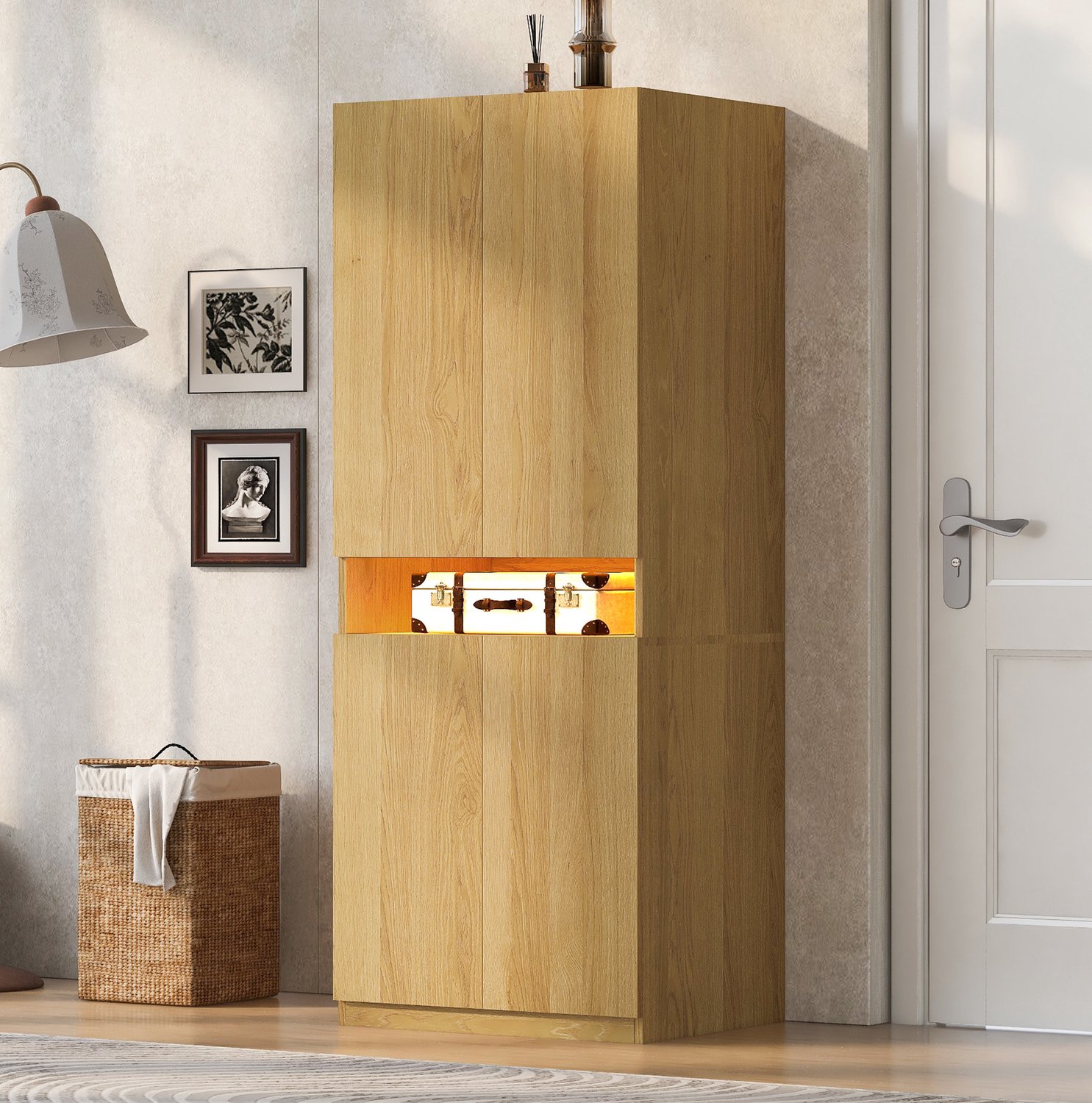 Wishdor Kledingkast - LED-verlichting in centraal opbergvak - Gesloten opbergruimte en hanggedeelte voor kleding - Moderne uitstraling - Slaapkamer - Metaal, multiplex en MDF - Houtkleur - 70 x 55 x 180 cm