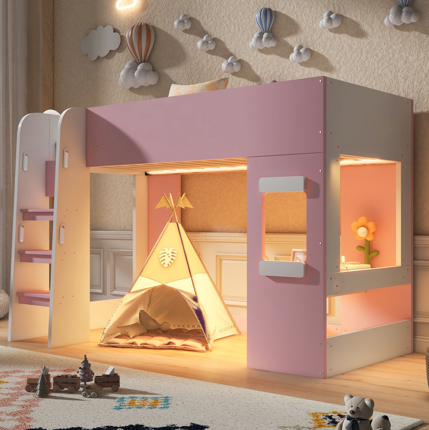 Wishdor Hoogslaper 90x200 cm - Met bureau en LED-verlichting - Hoge uitvalbeveiliging en brede ladder met leuningen - Kinderkamer en slaapkamer - MDF en multiplex - Roze en wit
