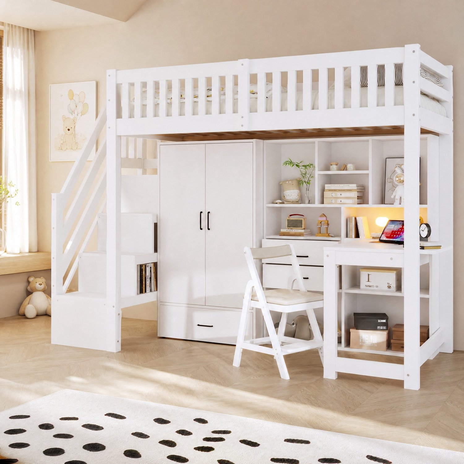 WUVRIE Hoogslaper 90x200 cm - Met bureau, kledingkast en opbergladder - Wit