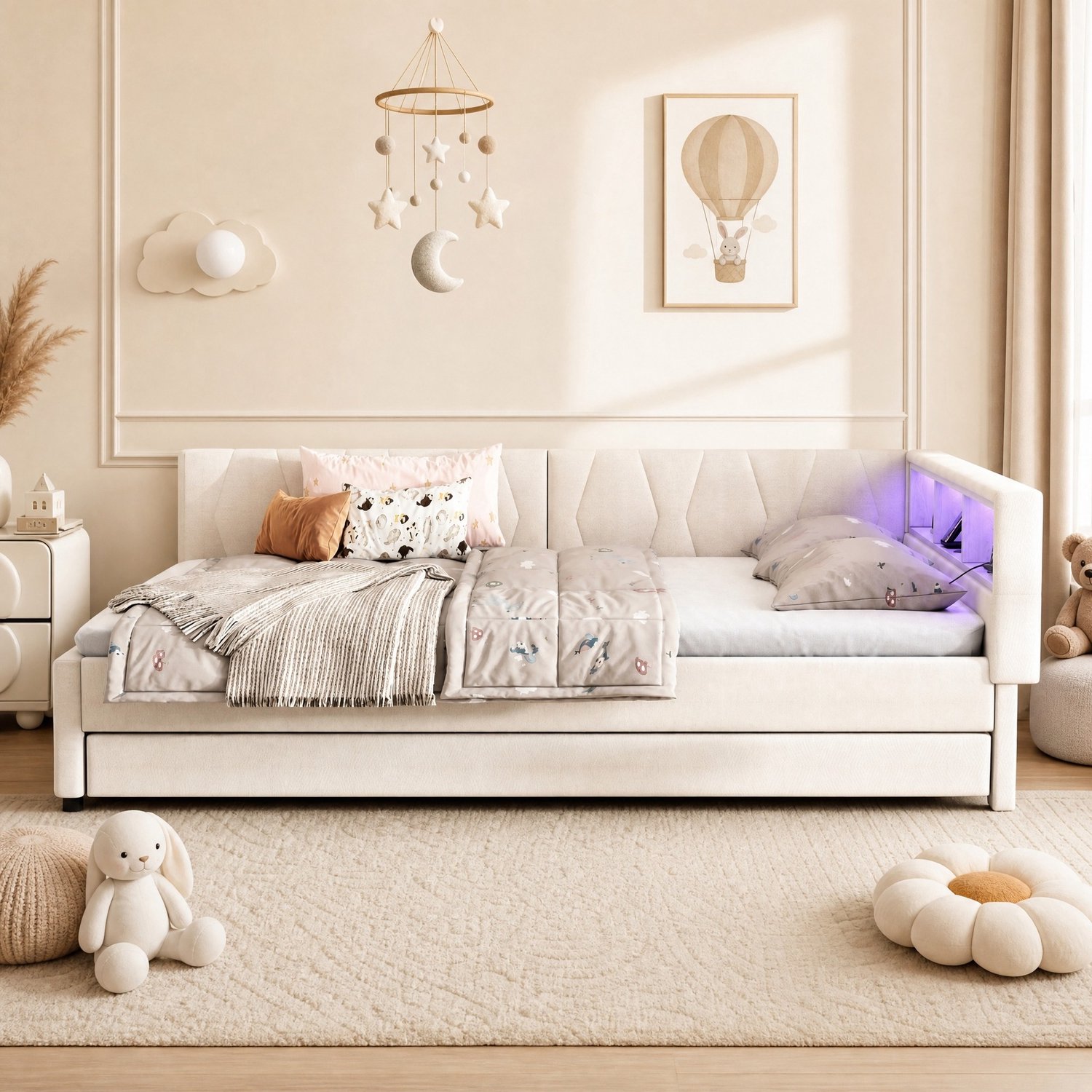 WUVRIE Bedbank 140x200 cm - Uitschuifbaar bed met opbergvakken - USB-C en LED-verlichting - Beige