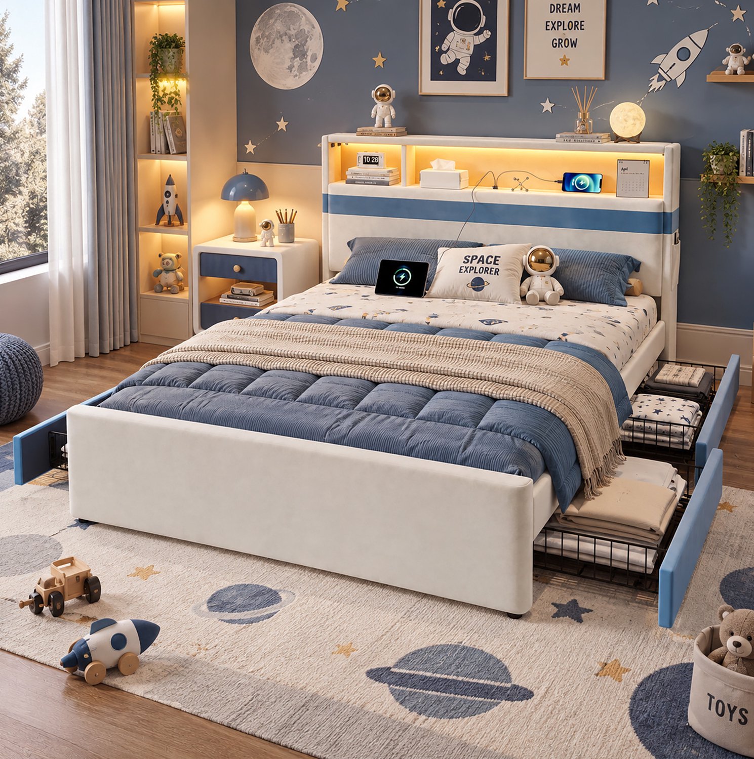 OKWISH Gestoffeerd Bed 140x200 cm - Tweepersoonsbed met Ledverlichting en Oplaadaansluiting - Vier Lades - Fluweel - Zonder Matras - Wit en Blauw