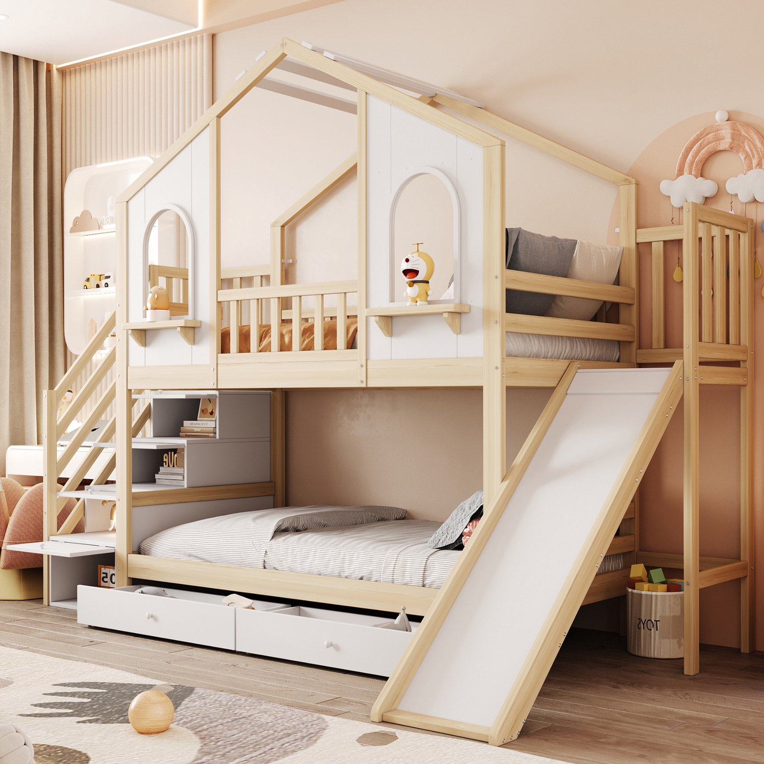 WUVRIE Kinderstapelbed 90x200 cm - Huisvorm met glijbaan, opbergtrap en 2 lades - Wit/naturel Wit en naturel houtkleur