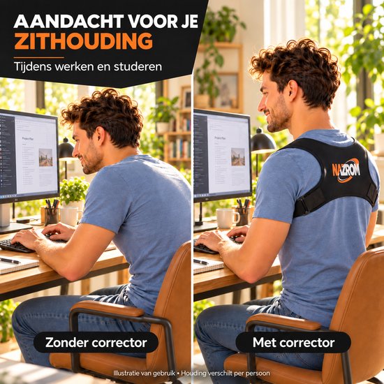 Vergelijking van een zittende man achter een computer zonder en met Nazrom postuurcorrector.