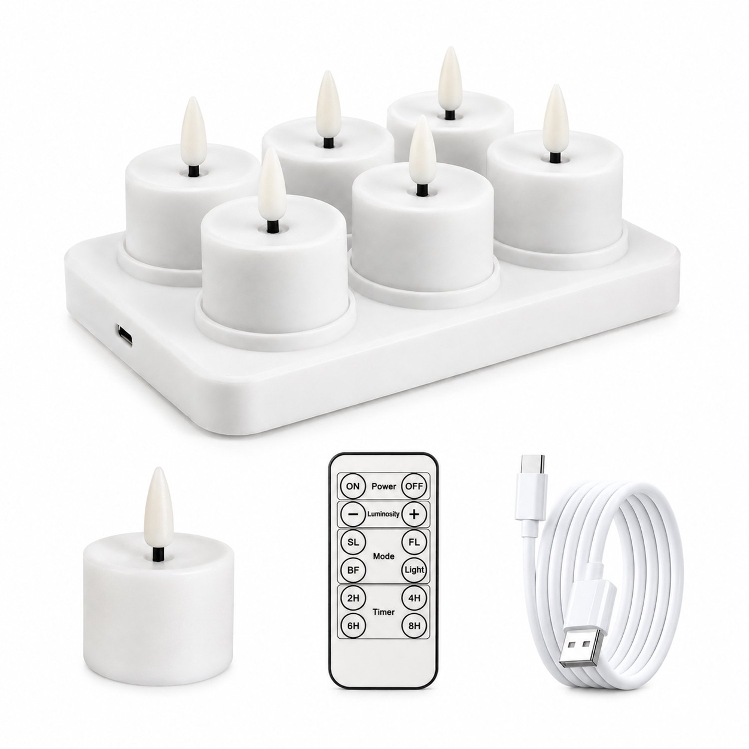 SWGOTA led kaarsen, set van 6, glad wit met warm licht, Type-C-oplaadbaar met laadstation in 2 x 3-indeling, afstandsbediening en laadkabel
