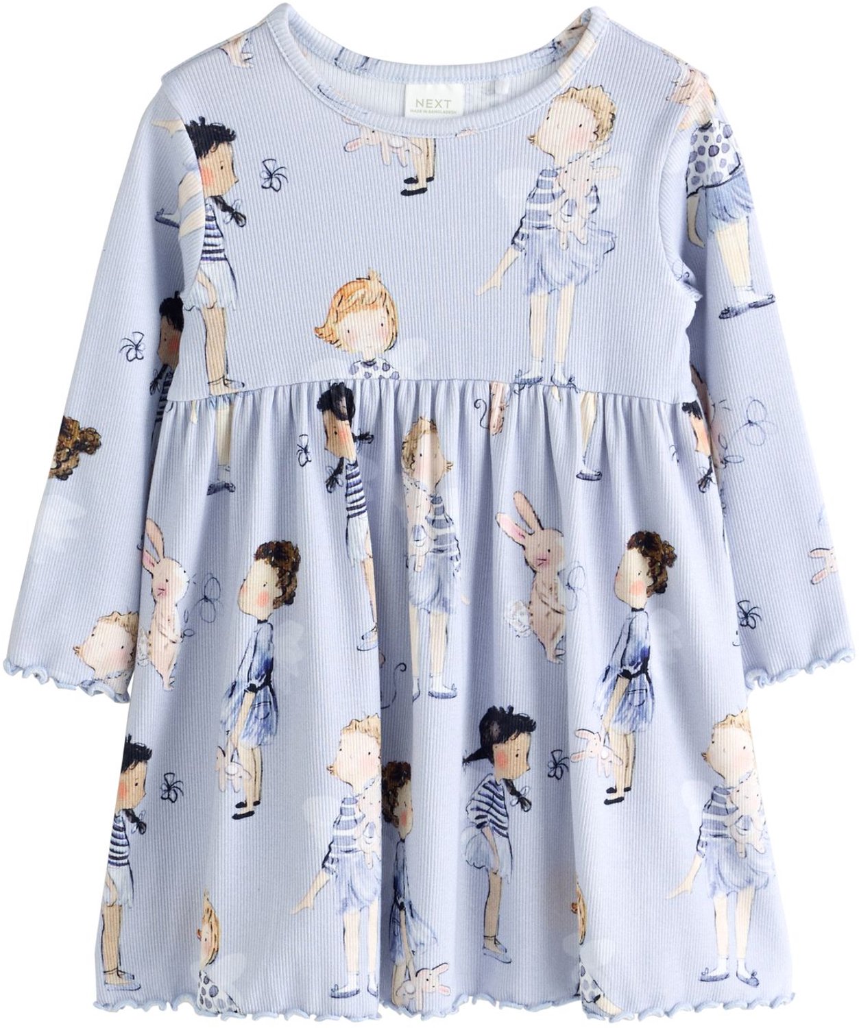 Next Meisjes - Geribbelde jurk met lange mouwen - Blauw Pale Blue Fairy Bunny