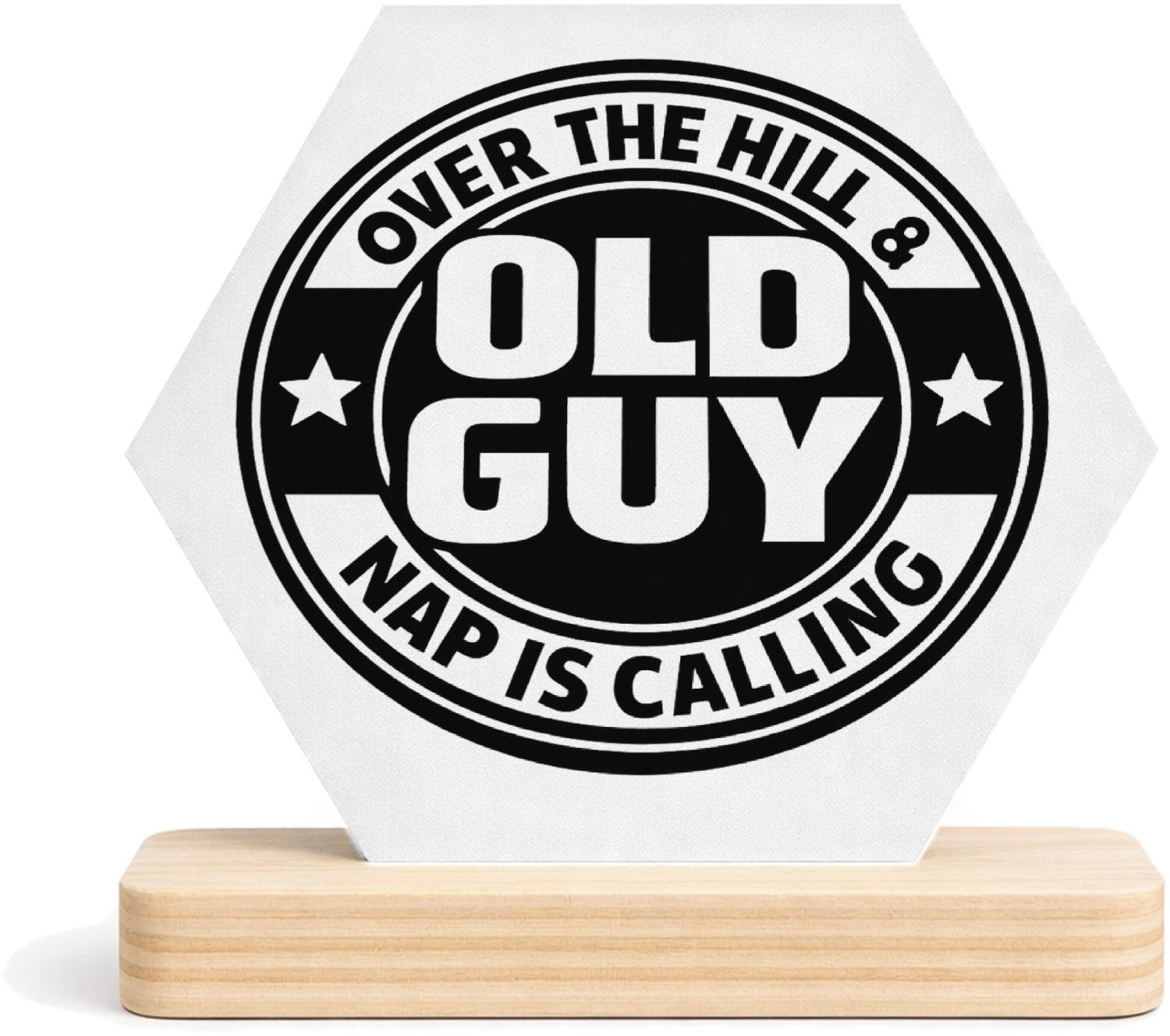 Mr Cadeautjes MDF fotolijst/inleg hexagon 14 x 13 - design Retro embleem met stoere levensfase-grap | cadeau Wit