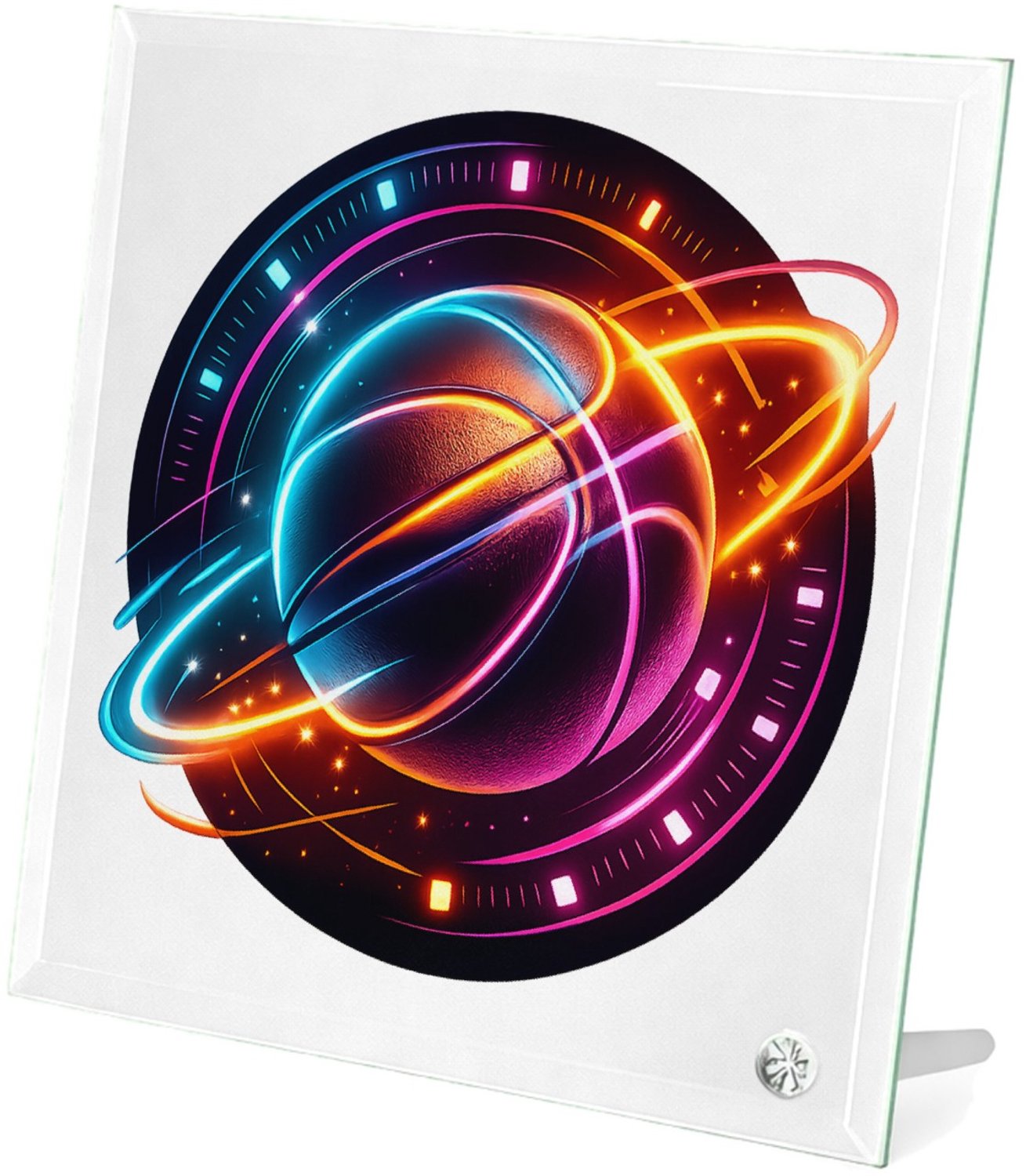 Mr Cadeautjes Glasframe 20 x 20 - design Neon sportenergie met een dynamisch object in het midden | cadeau Wit