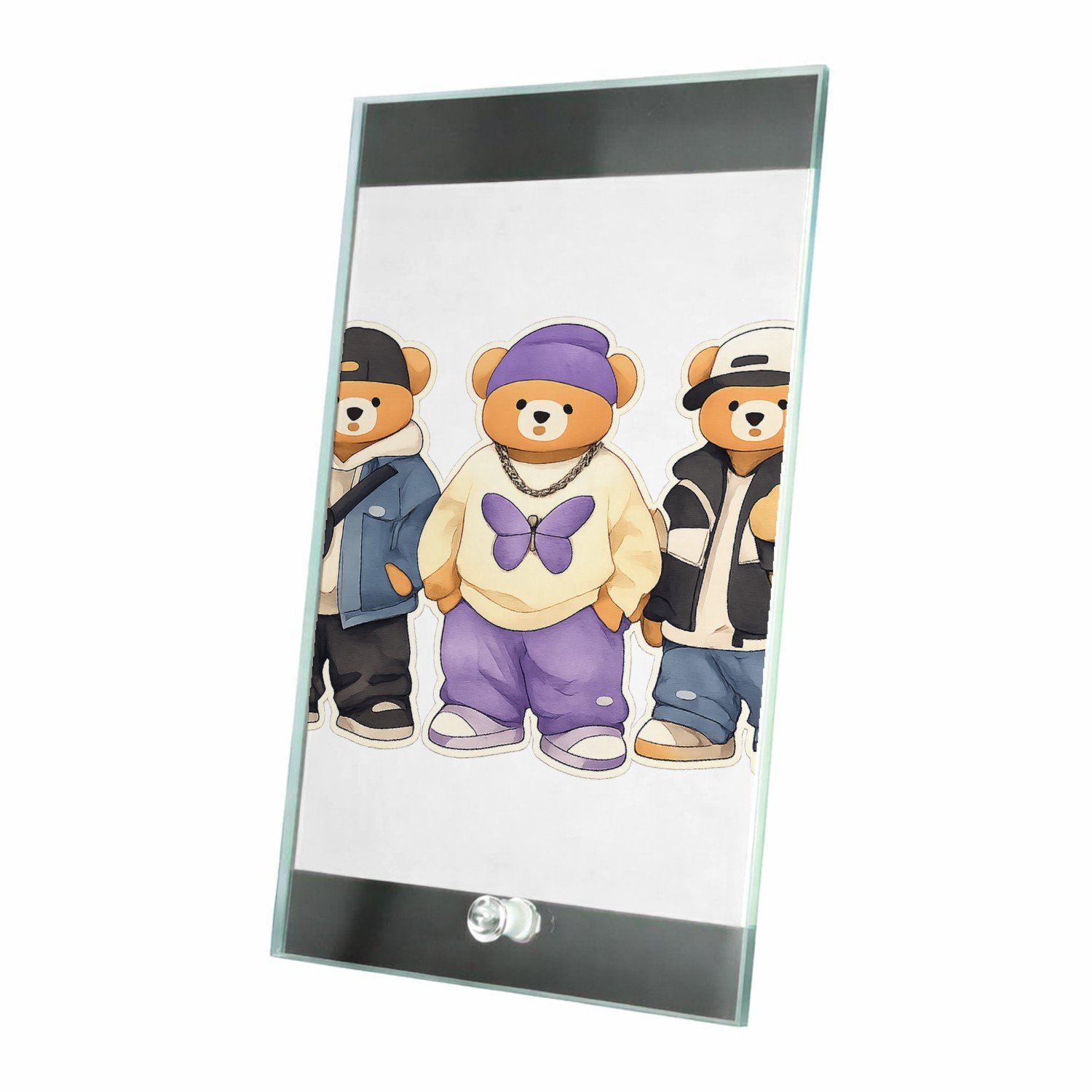 Mr Cadeautjes Glasframe 15 x 23 - design Een trio van konijnen als hippe stadsfiguren met jassen, pet | cadeau Wit