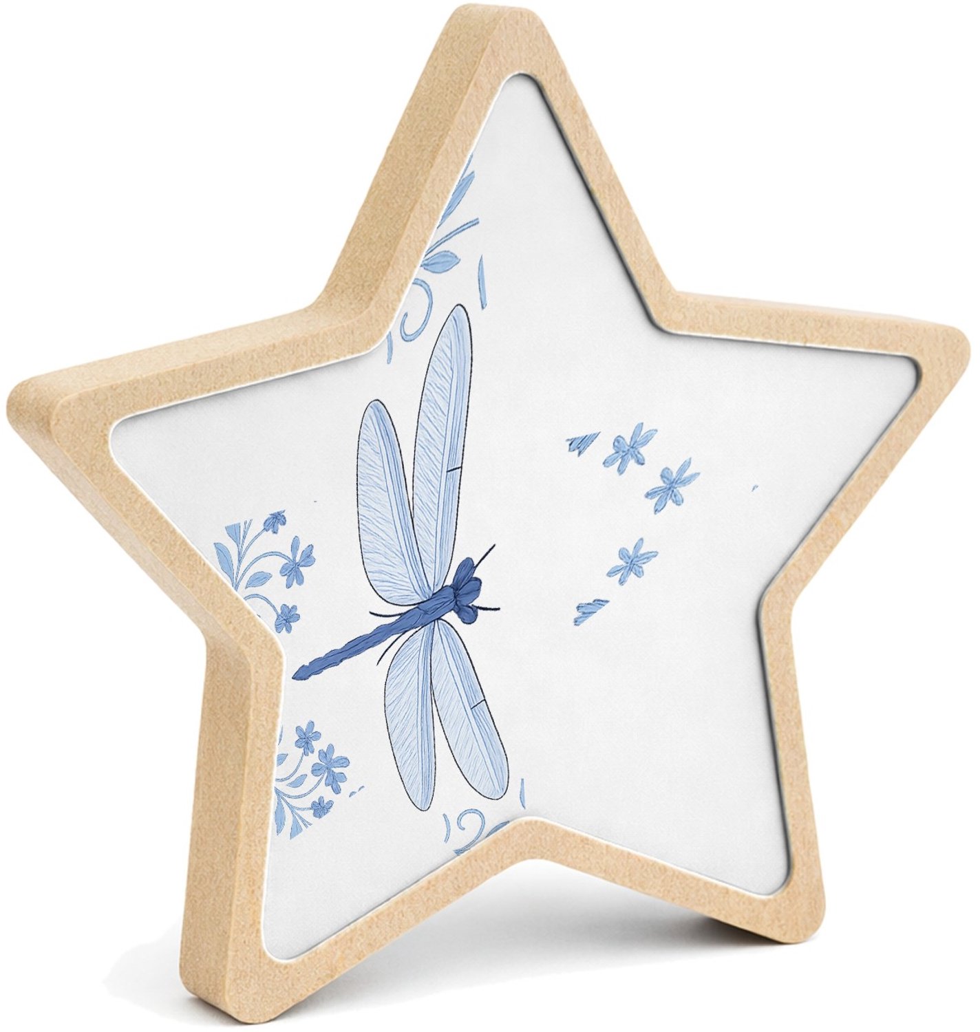 Mr Cadeautjes MDF fotolijst ster 14 x 13,5 - design Serene bosrand met libellen en varens in een verfijnd blauw| cadeau Wit