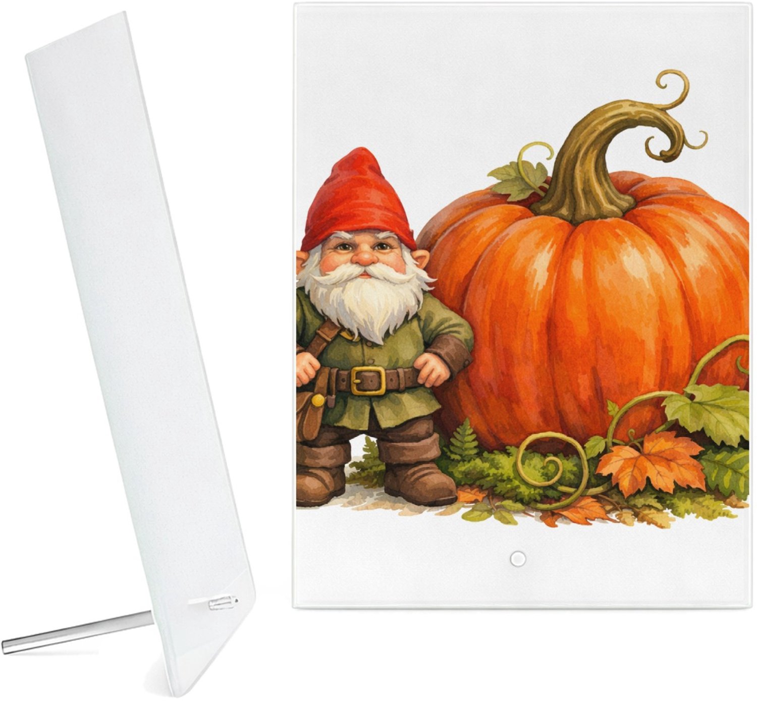 Mr Cadeautjes Glazen fotopaneel Een stoere kabouter die naast een gigantische paddenstoel st - 15 x 20 cm, staand - glas, decoratie, wanddecoratie | cadeau Wit