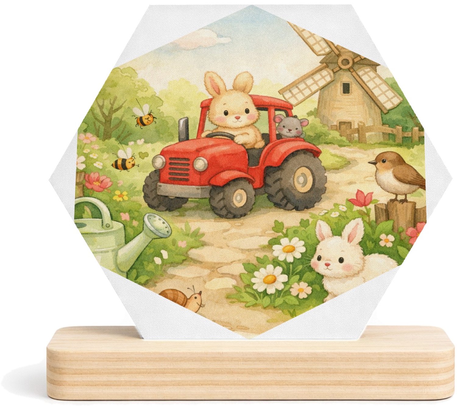 Mr Cadeautjes MDF fotolijst/inleg hexagon 14 x 13 - design Een vrolijke tuinscène met een gieter, bijen, bloemen en kle | cadeau Wit