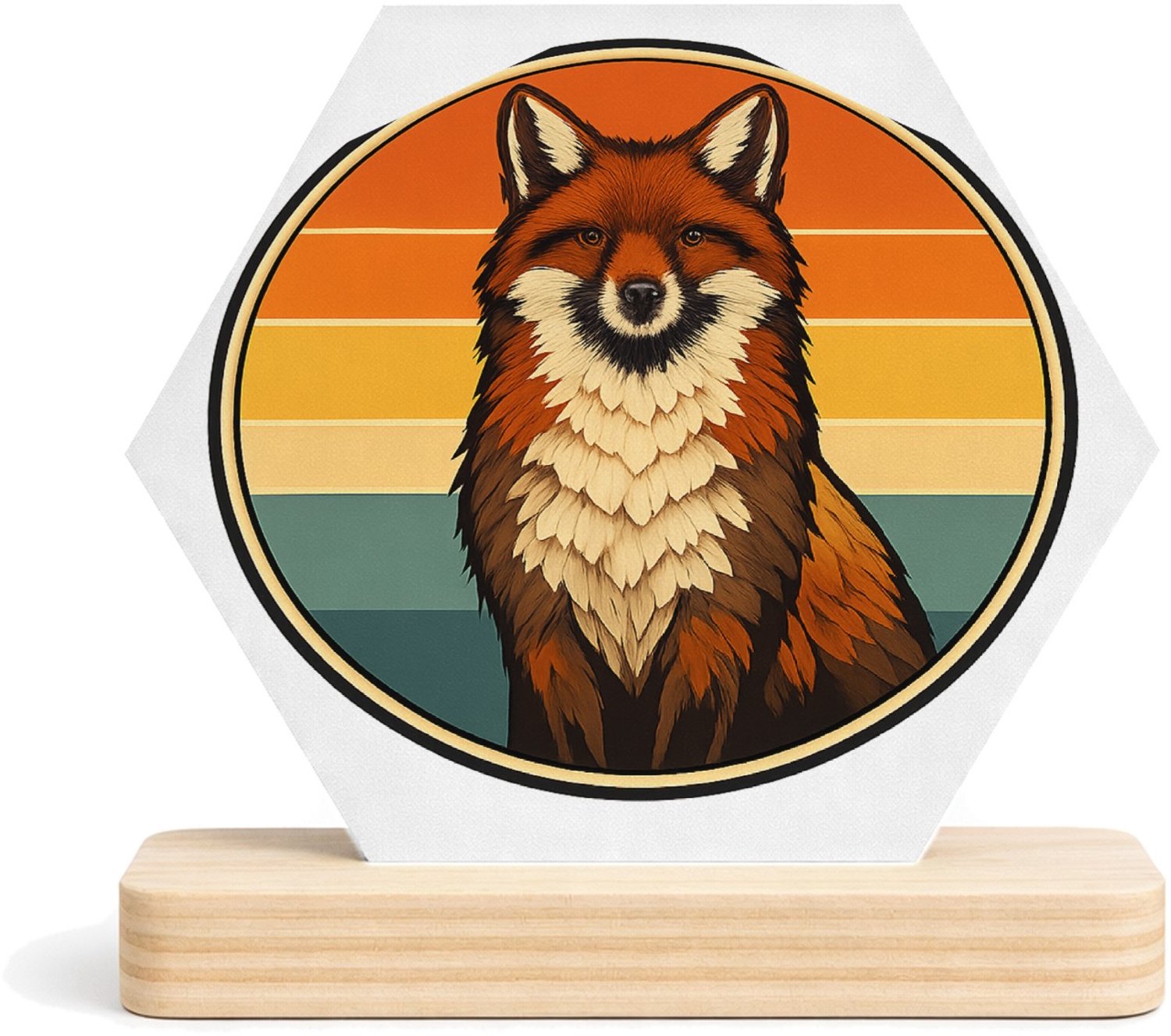 Mr Cadeautjes MDF fotolijst/inleg hexagon 14 x 13 - design Een trotse vos op een ronde achtergrond met zonsondergangban | cadeau Wit