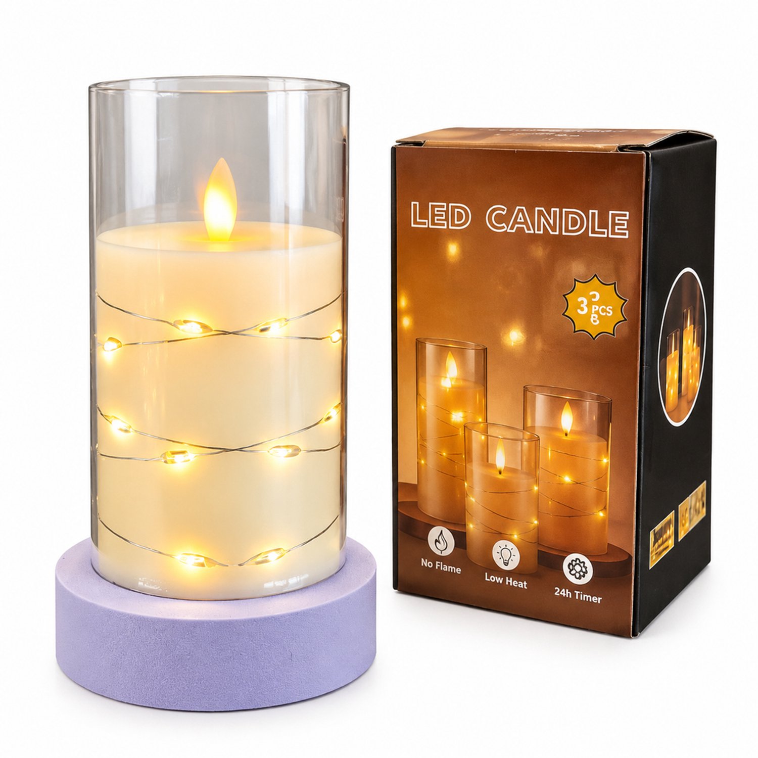 SWGOTA led kaarsen met bewegende vlam: 7,5 x 15 cm, vlakke bovenrand en lichtsnoer, op batterijen, zonder batterijen Ivoor