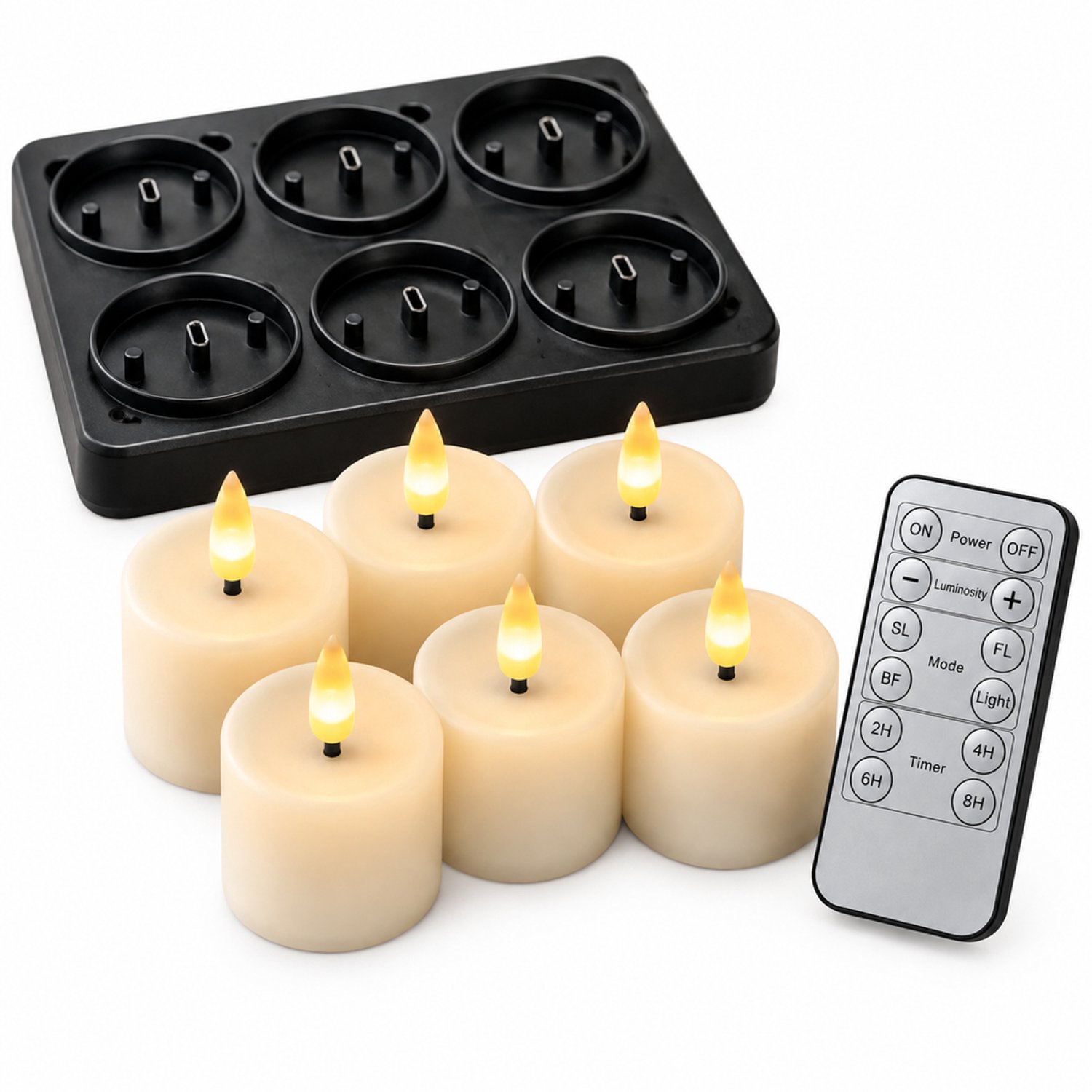 SWGOTA led kaarsen, set van 6, warm licht en vlamvorm, oplaadbaar via USB-C, met 2 x 3-laadbasis en afstandsbediening Wit