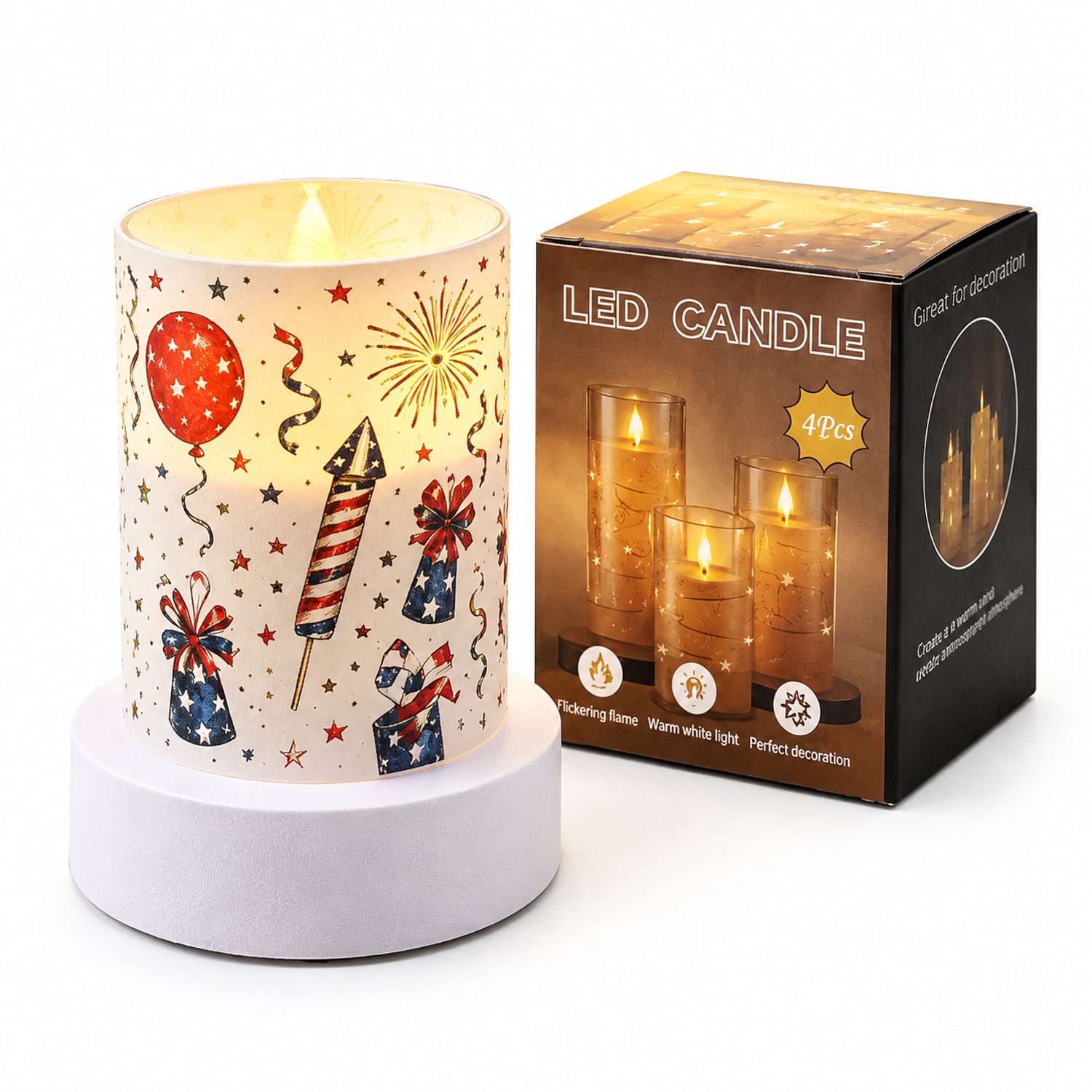 SWGOTA Led kaarsen met bewegende vlam, 1 stuk, 7,5 x 10 cm, warm decoratief licht, feestelijke print, zonder batterijen Meerkleurig