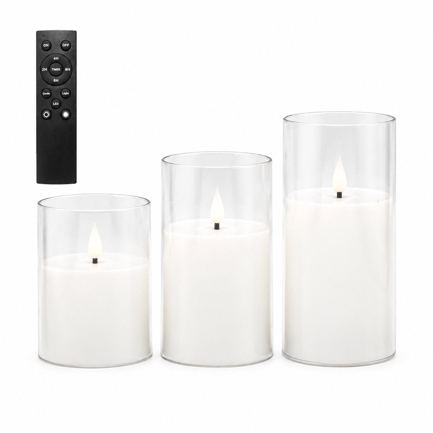 SWGOTA led kaarsen, 3 stuks per doos, transparante cilinders met druppelvormige vlam en grote afstandsbediening
