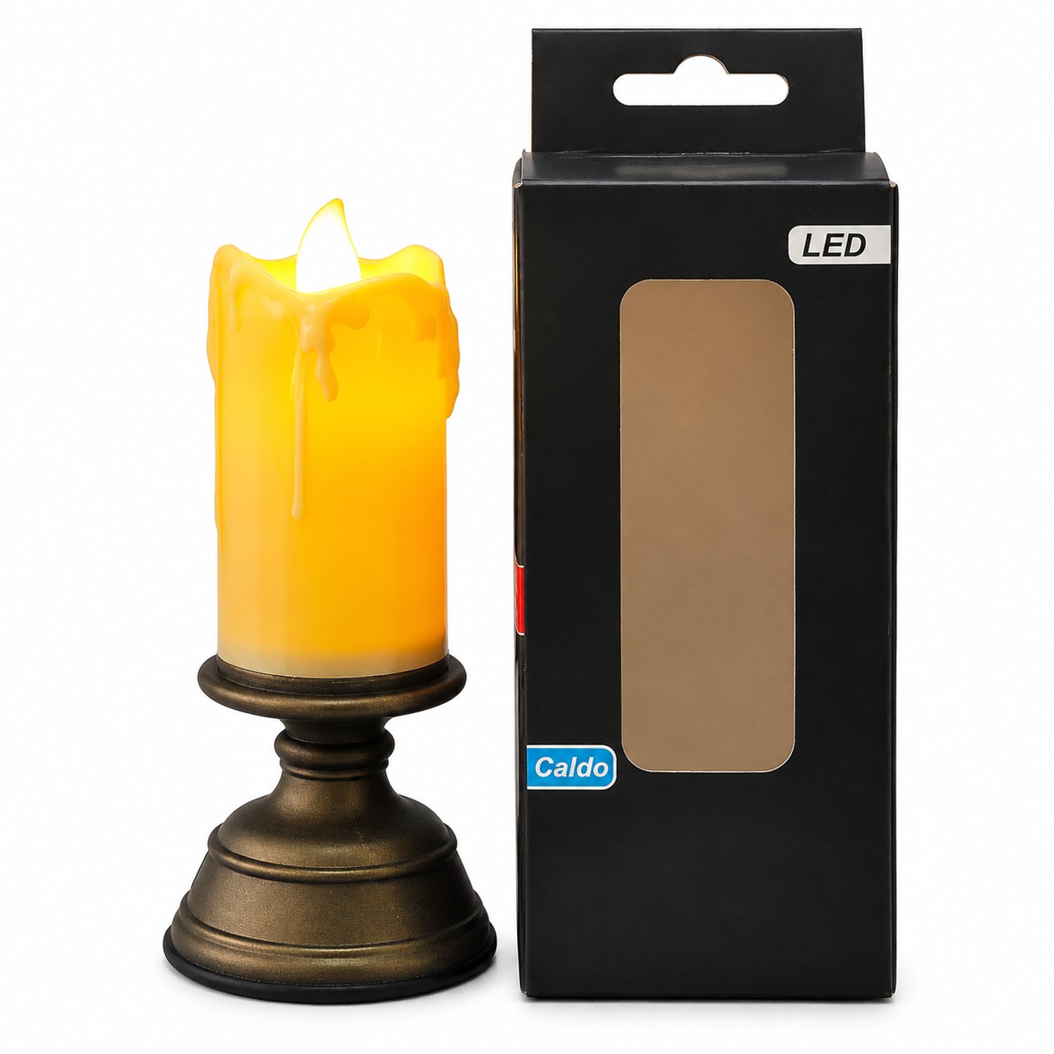 SWGOTA led kaarsen met kandelaar - 1 stuk, 5,5 x 12 cm, retro kaarsvorm met wasdruppels en vensterdoos Beige