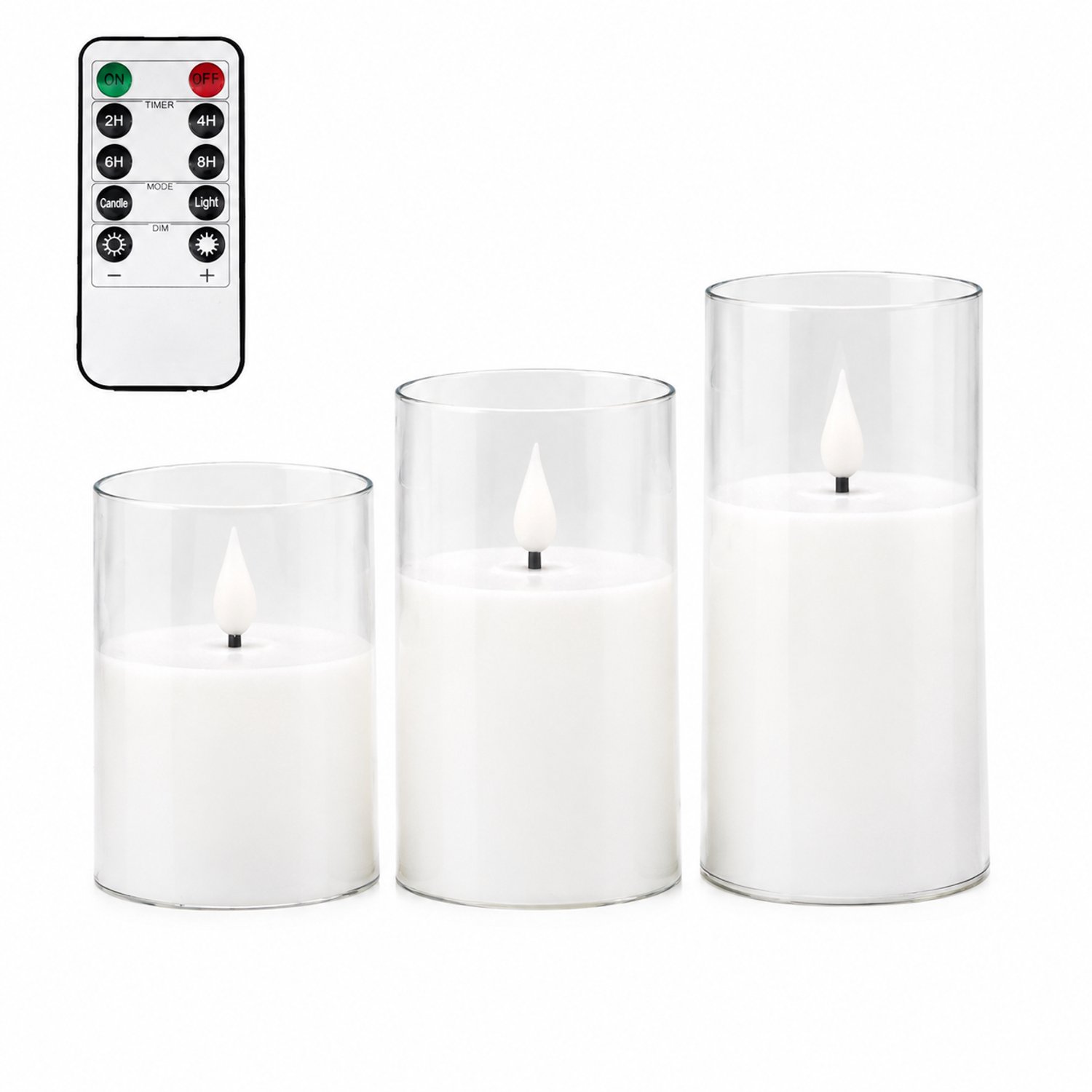 SWGOTA led kaarsen, 3 stuks per doos met afstandsbediening, transparante cilinders en druppelvormige vlam, voor bruiloften en verjaardagen