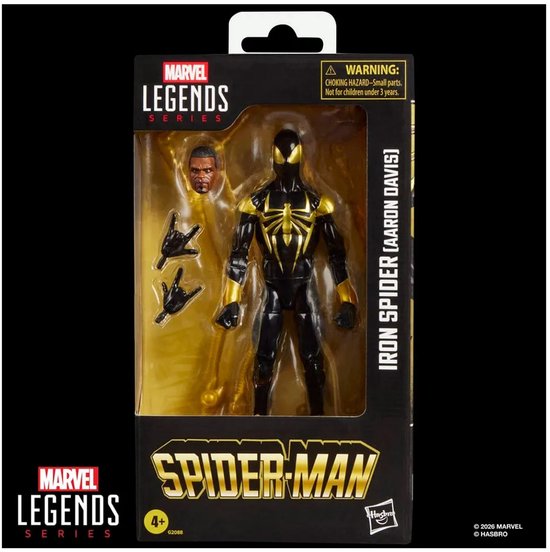 Marvel Legends Iron Spider (Aaron Davis) figuur in verpakking, met logo Spider-Man en Hasbro branding.