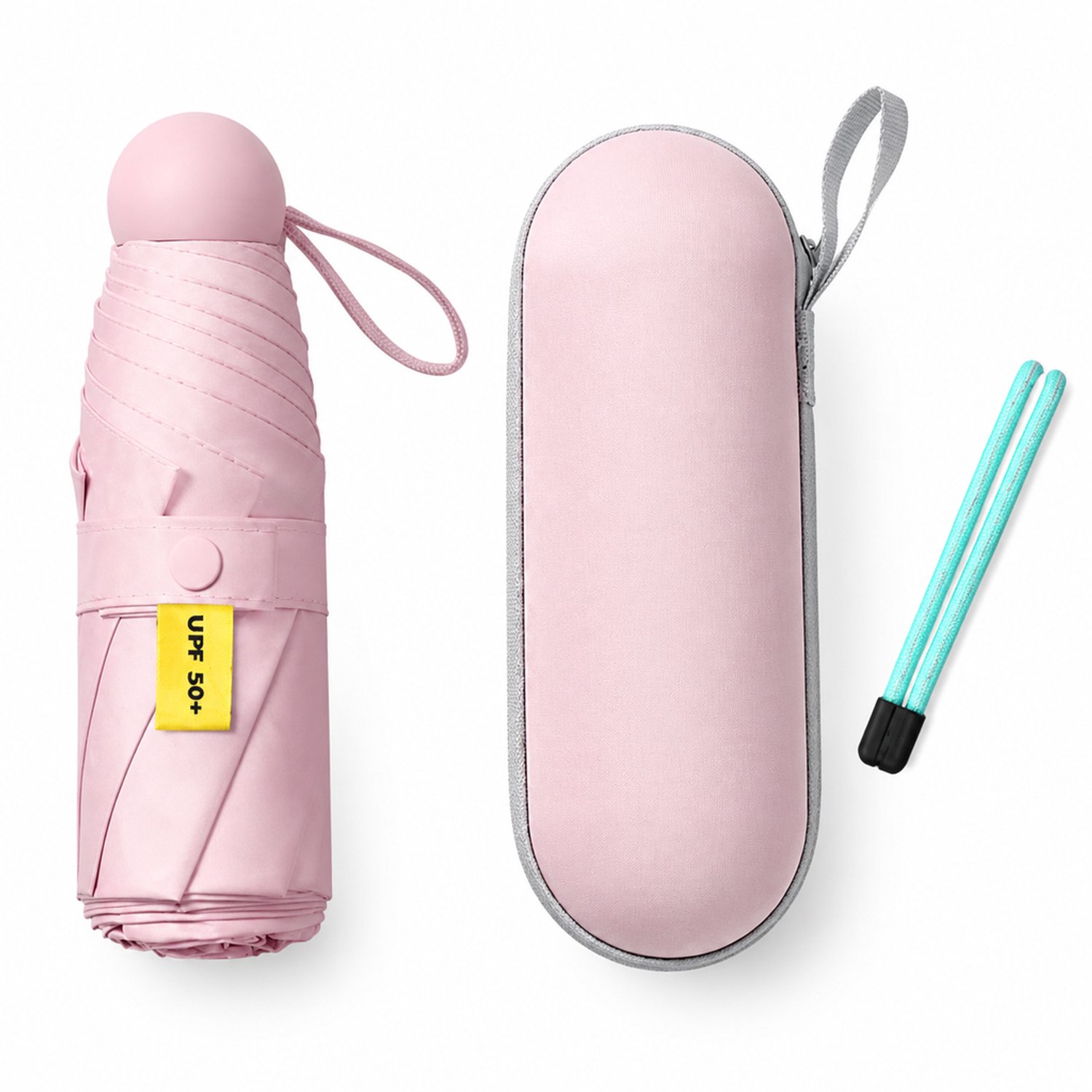 Roze opvouwbare paraplu, vijfvoudig opvouwbaar met 6 dubbele baleinen, verdikt doek en opbergcase met rits
