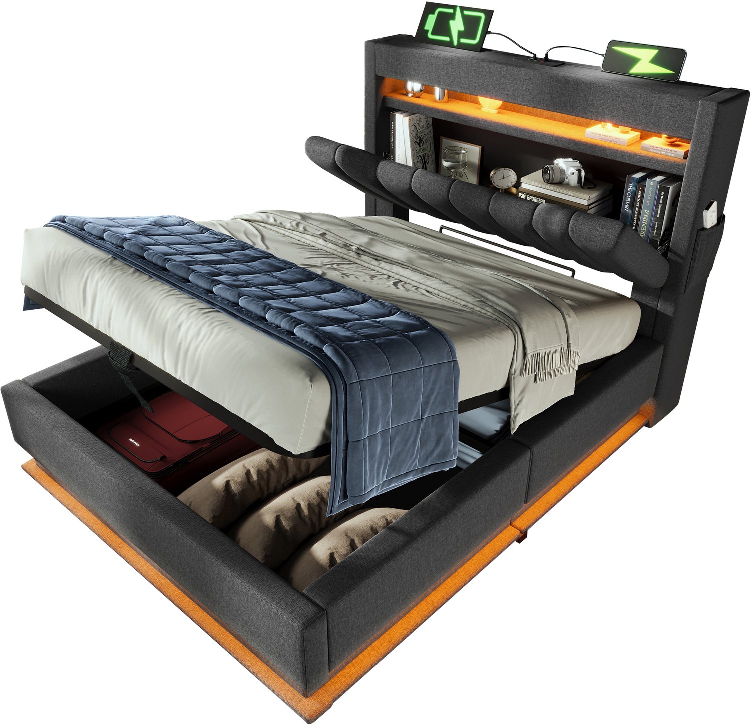 MUVANO Gestoffeerd eenpersoonsbed 90x200 met matras - Hydraulische opbergruimte - USB en USB-C - Ledverlichting - Linnen - Slaapkamer grijs