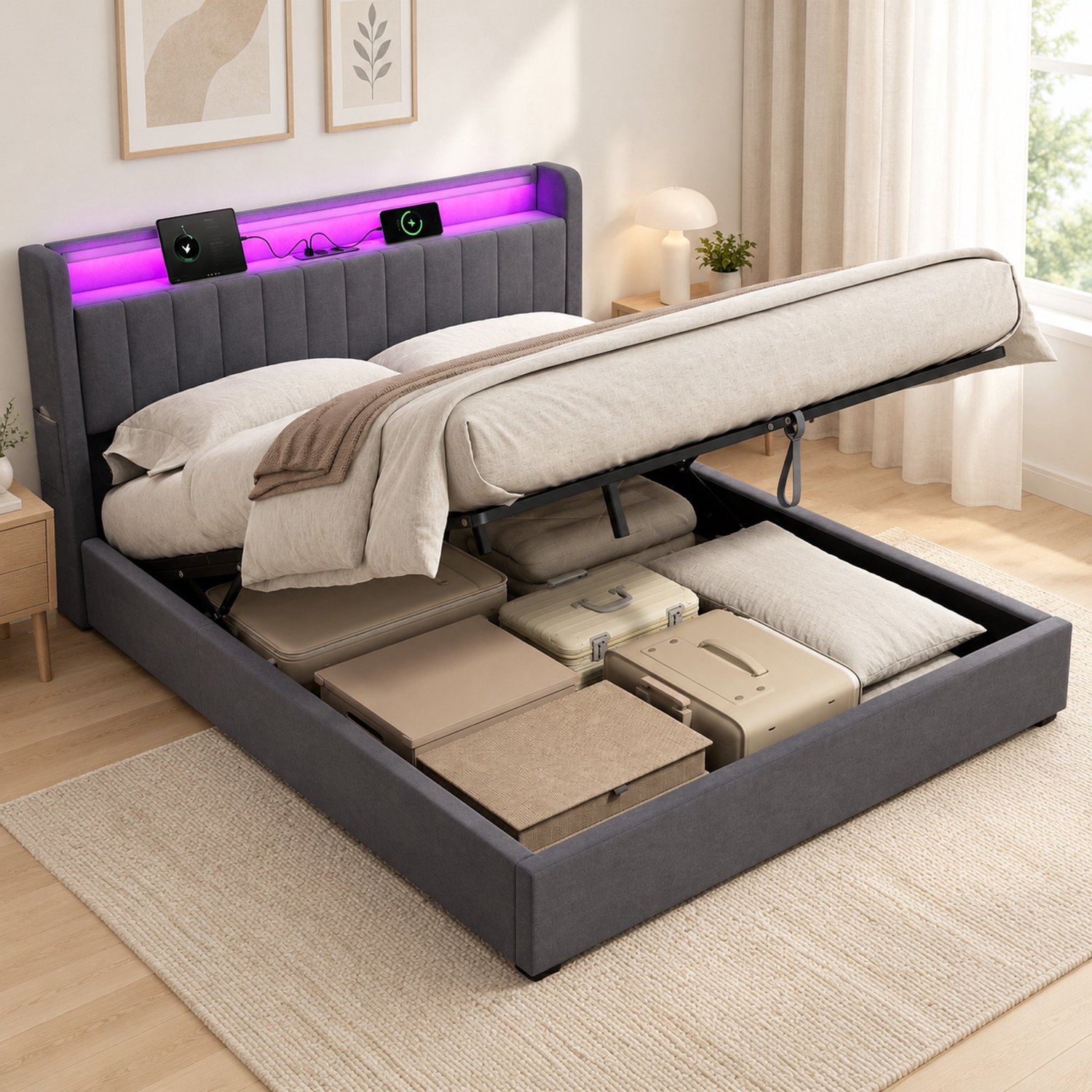 OKWISH Bed 180 x 200 cm – Met Opbergruimte en USB-Aansluiting – Met Sfeerverlichting – Fluweel, Metaal en Hout – Donkergrijs