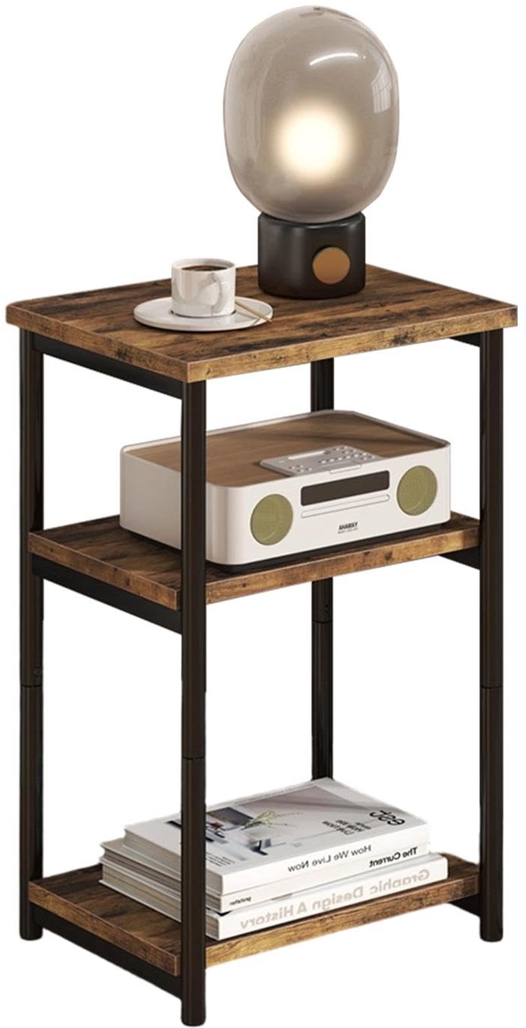 Triumpunpre Smal Bijzettafel 3-Lagen / Sidetable - Klein Tafeltje & Record Player Stand met Open Opbergplanken - 40 x 30 x 60 cm - Houtlook & Metalen Frame - Voor Woonkamer, Slaapkamer & Kantoor