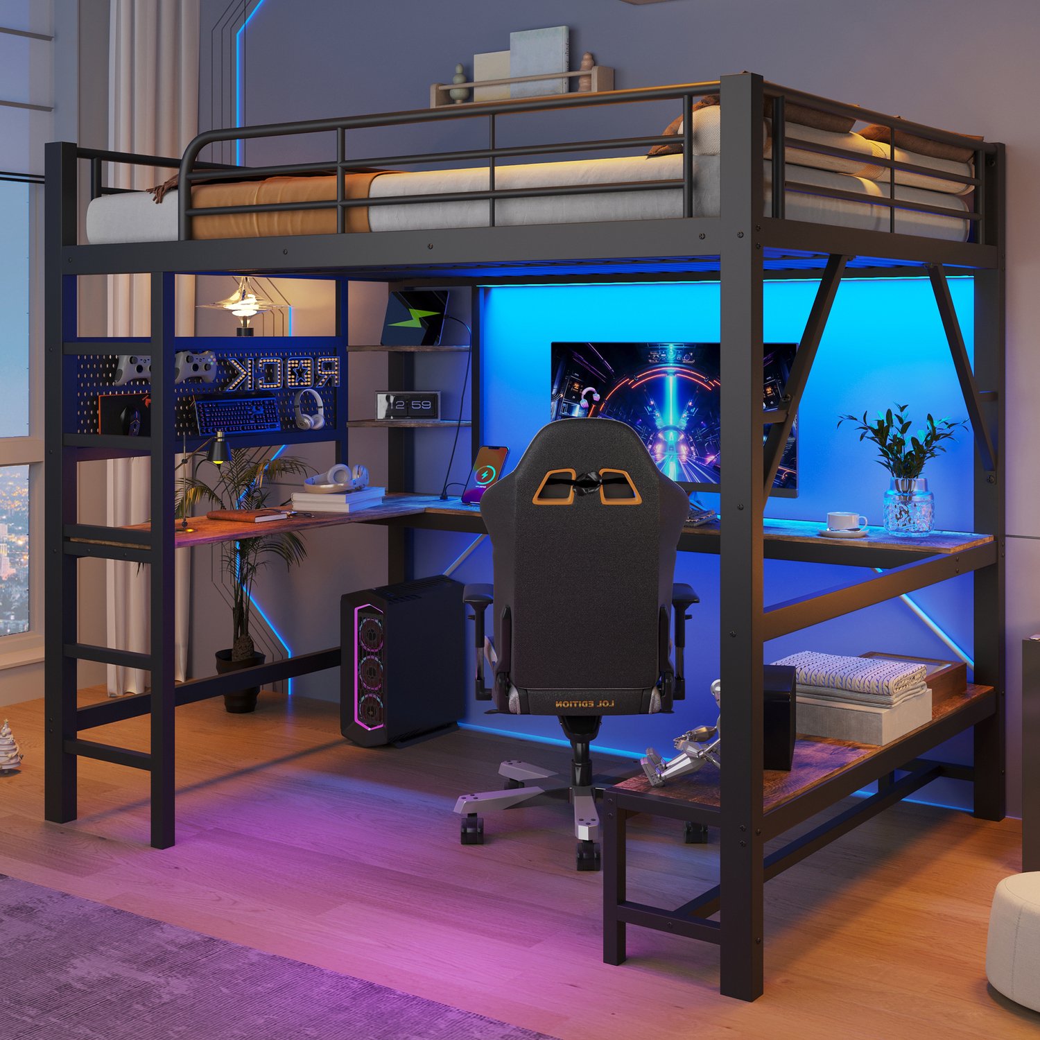 Zubaliya Hoogslaper 160 x 200cm, ijzeren frame, bureau, reling, trapladder, meerdere schappen, met usb+type-c stopcontact, met LED-strip, met boord, zonder matras, zwart