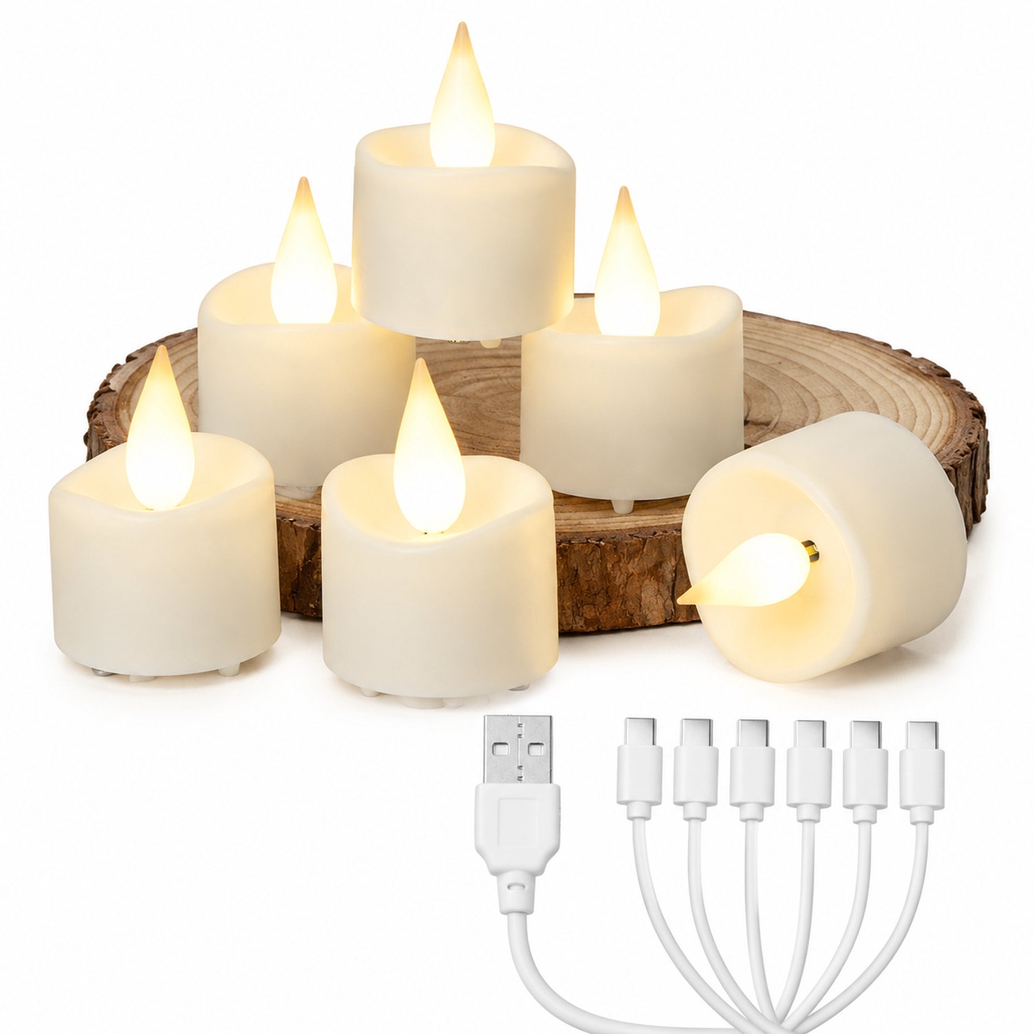 SWGOTA led kaarsen, 12 USB-oplaadbare theelichtjes met druppelvormige vlam en golvende rand, inclusief 2 kabels met elk 6 aansluitingen Wit