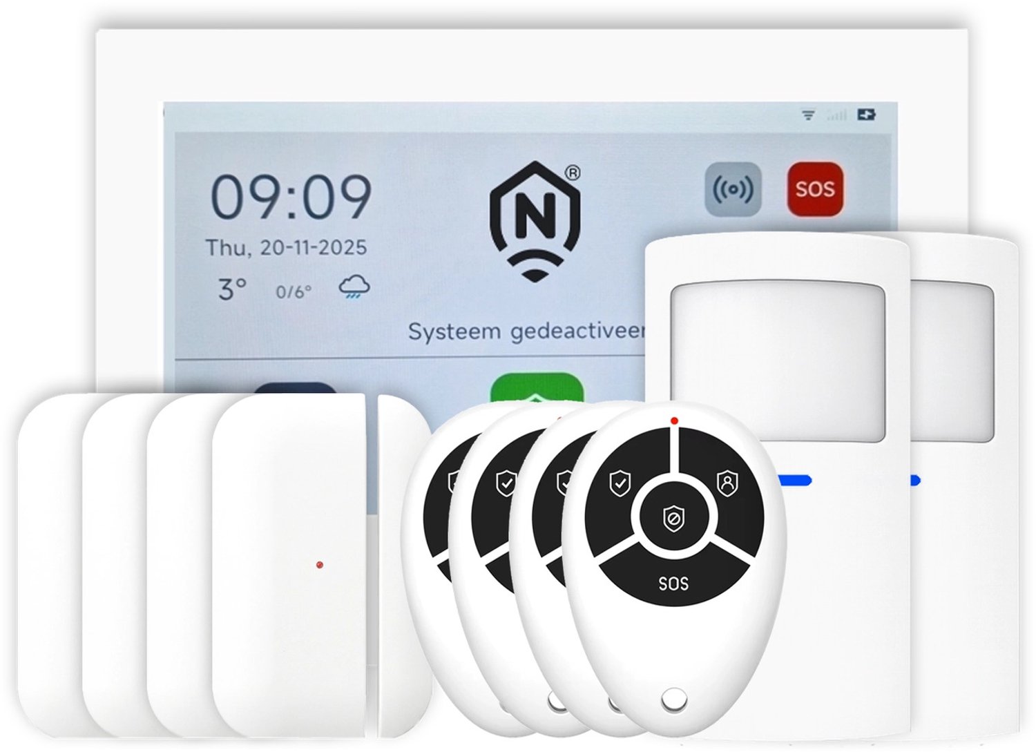 ShieldLink® Pro Alarmsysteem – Comfortset – Draadloos & Uitbreidbaar – Met App – Zonder Abonnement – Wit Paneel – Witte Accessoires