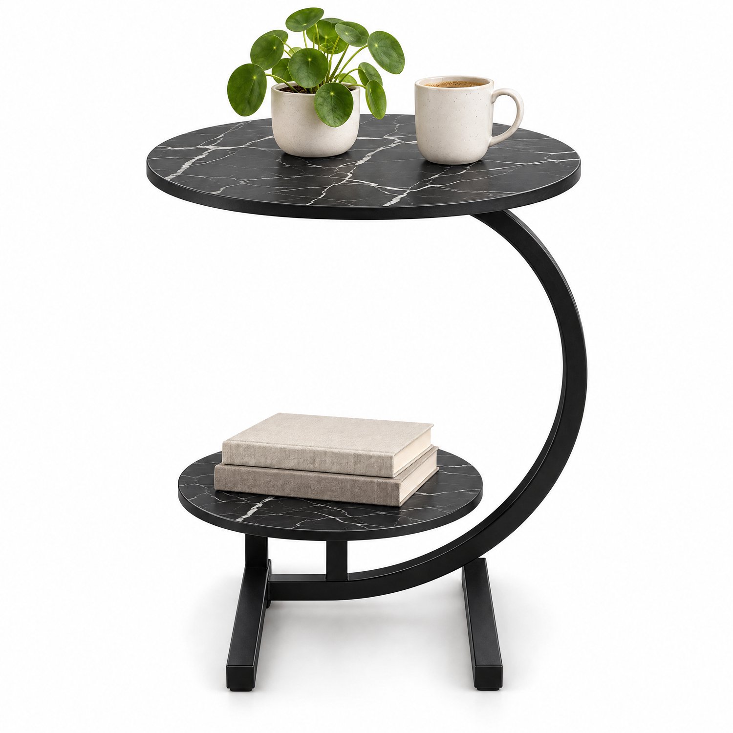Levano Bijzettafel Zwart Rond - Sidetable Zwart - Bijzettafeltjes Woonkamer - Tafeltje voor bij de Bank - Plantentafeltje voor Binnen - Sidetable Hout - Bijzettafel Marmerlook - Zijtafel bij Bank - Rond Tafeltje Hout - Plantentafeltje Metaal