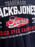 Detail van de opdruk op een donkerblauw T-shirt met tekst: "TRADEMARK JACK&JONES Superior INDIGO DYED GARMENTS".