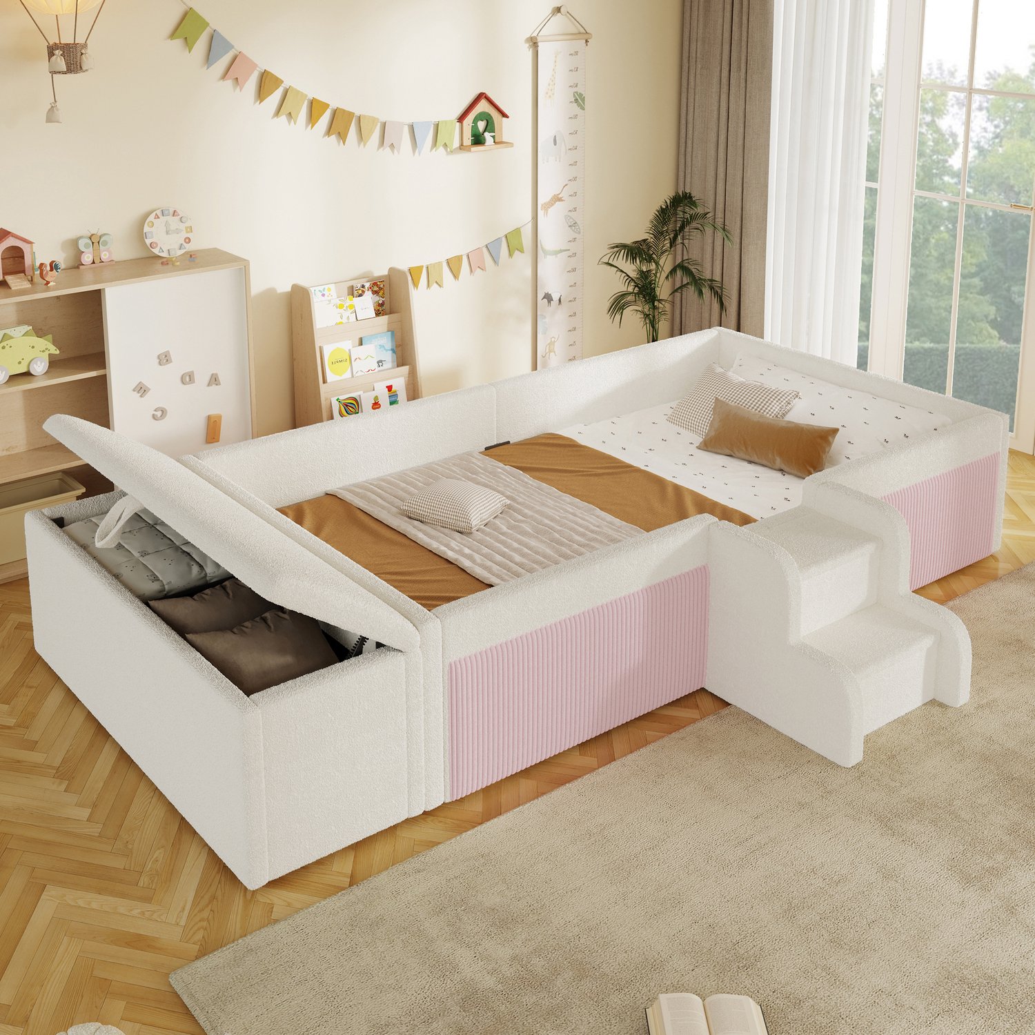 Zubaliya Gepolsterd bed, 90 x 190 cm, klein trapje, bank met opbergruimte, zonder matras, bouclé, wit