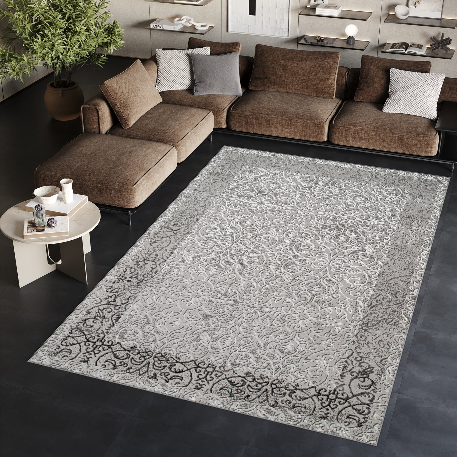 Tapiso Ares Vloerkleed Lichtgrijs Laagpolig Woonkamer Frame Oriental Tapijt Maat- 160x220