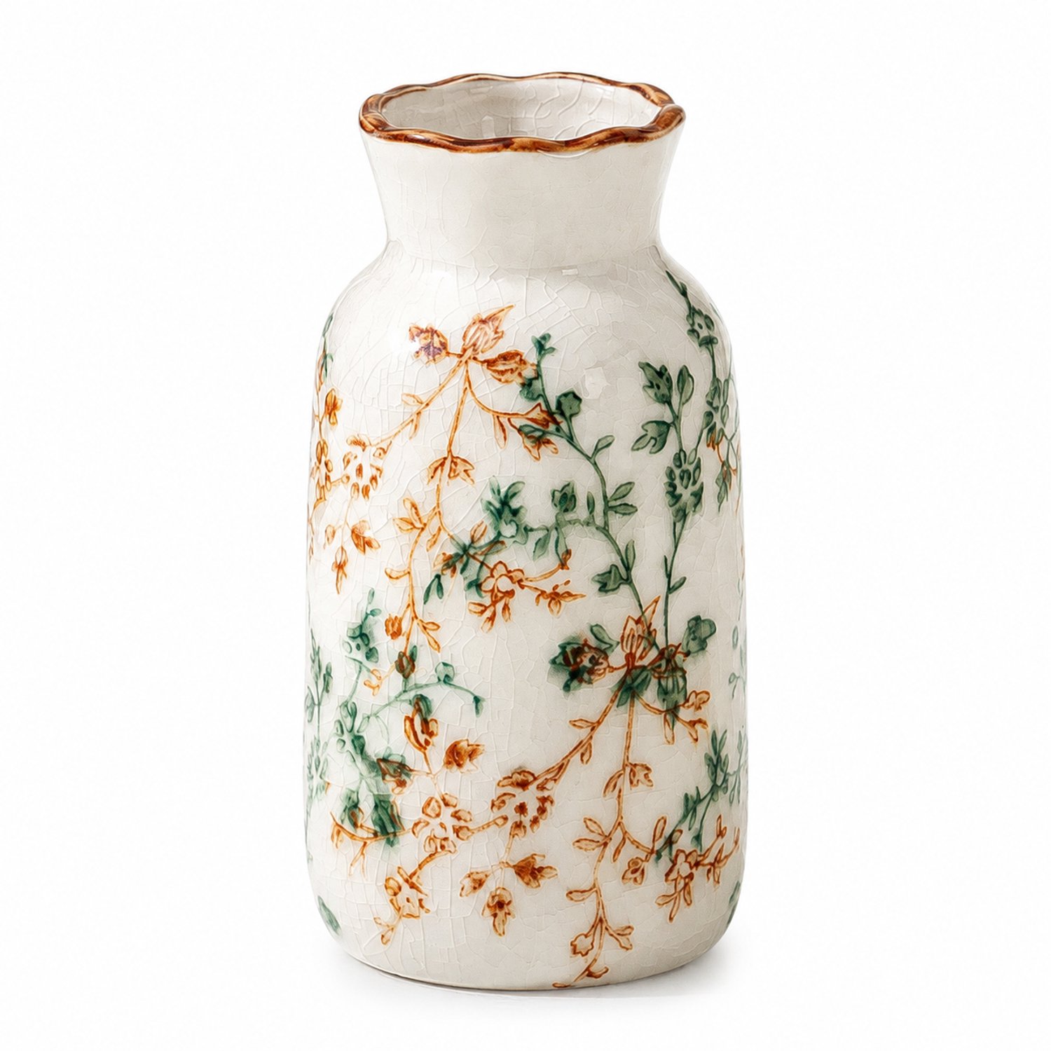 SWGOTA Kleine keramische vaas met craquelé en bladmotief, golvende bruine rand, afgebeelde hoogte 12,8 cm, voor kunstbloemen en interieurdecoratie Crème