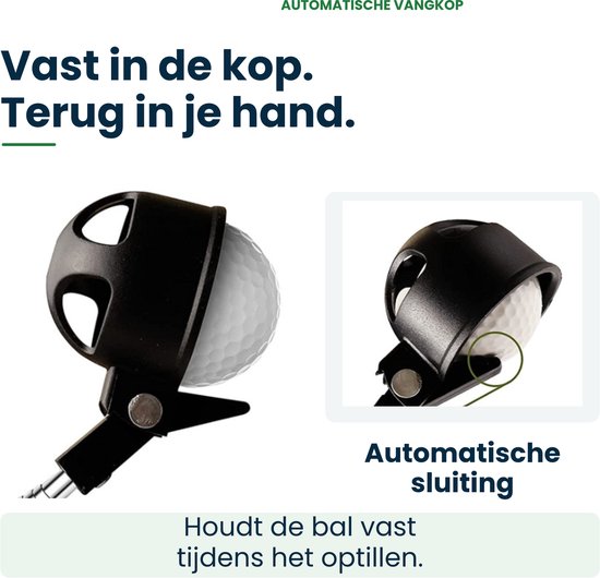 Close-up van de automatische vangkop van de Stripe golfbalhengel die een witte golfbal stevig vasthoudt.