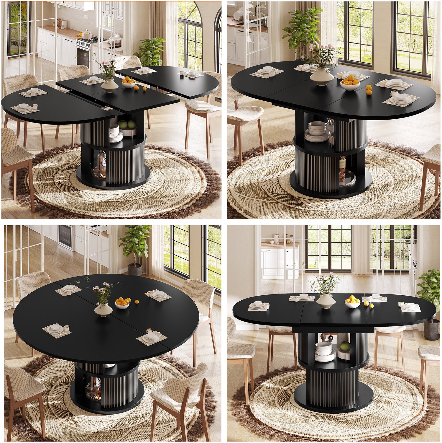 Merax Ovale uitschuifbare eettafel 118/158x118x77 cm - voor 4-6 personen - 2 opbergvakken - zwart