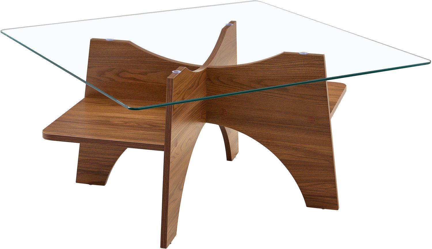 MUVANO Vierkante glazen salontafel 80 x 80 cm - Bijzettafel met opbergvak - Veiligheidsglas en diagonaal MDF-onderstel - Woonkamer - Walnootlook