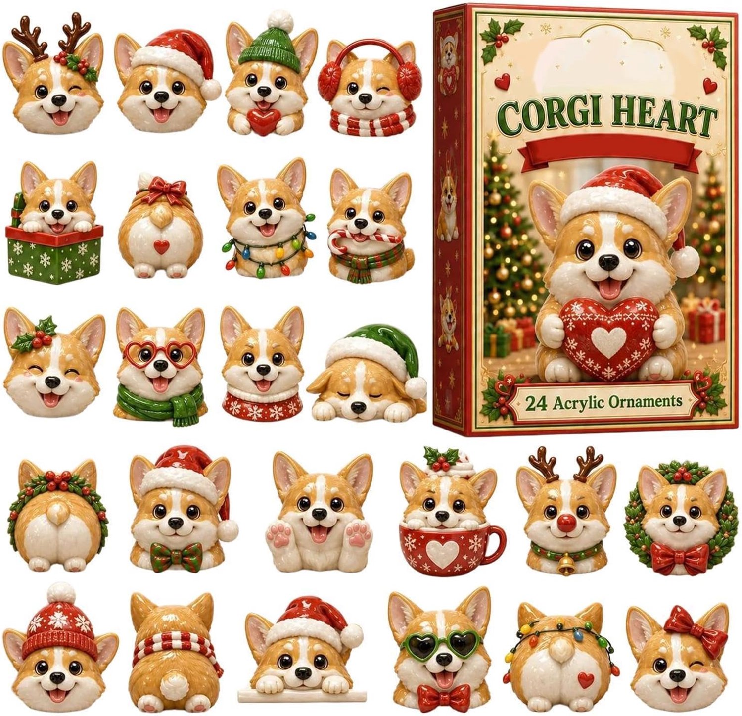 ZVD Kerstaftelkalender met schattige honden – 2D-kerstaftelkalender van acryl – Set met 24 ornamenten – Hangende kerstdecoratie – Geschikt voor aan de muur, voor het raam, aan de achteruitkijkspiegel, aan een sleutelhanger of aan een rugzak