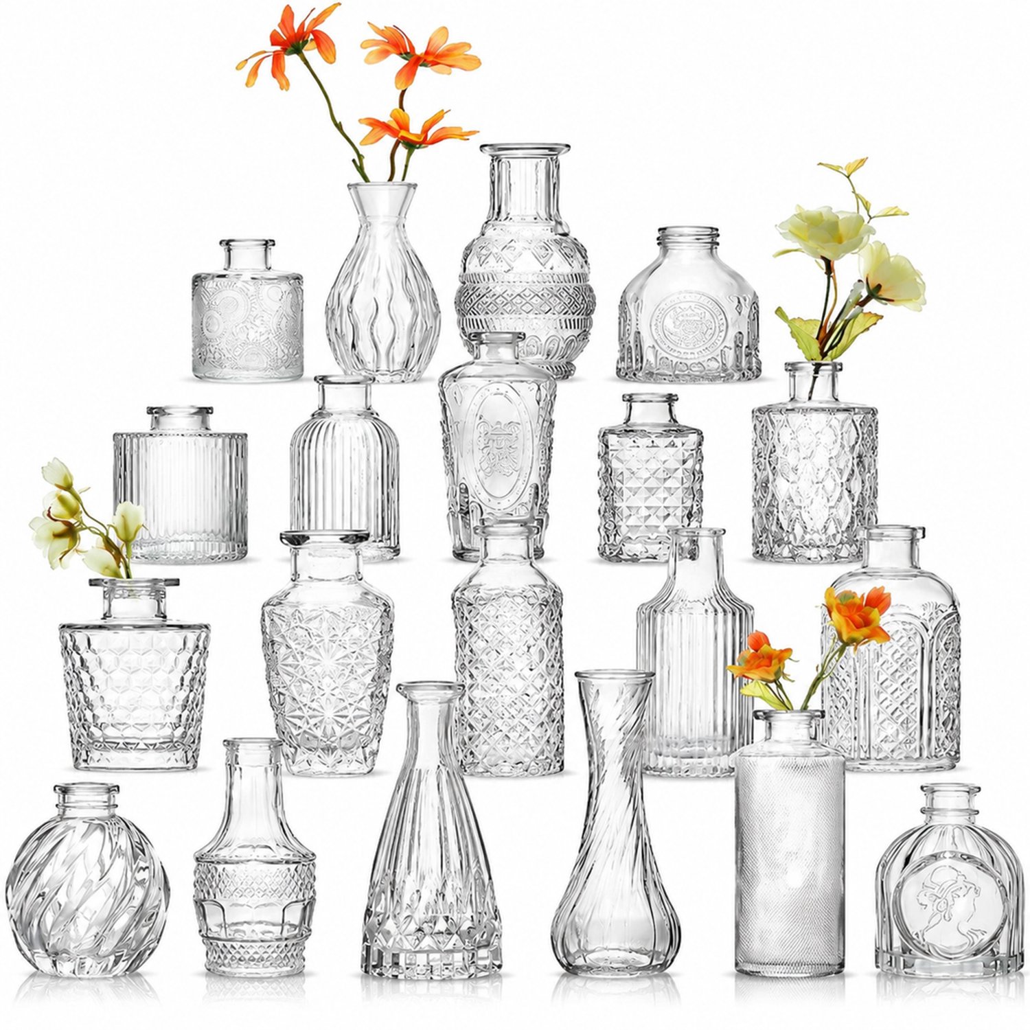 SWGOTA Transparante glazen vaasjes, set van 20 - Diverse vormen en retro reliëfpatronen voor kunstbloemen en tafeldecoratie - In kartonnen doos