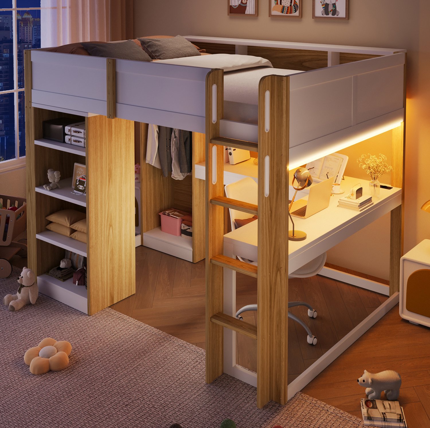 STILVORA Hoogslaper 140x200 cm – Met Bureau en Ledlamp – Vier Legplanken en Kledingkast – Hout en MDF – Zonder Matras – Wit en Naturel Wit en naturel hout