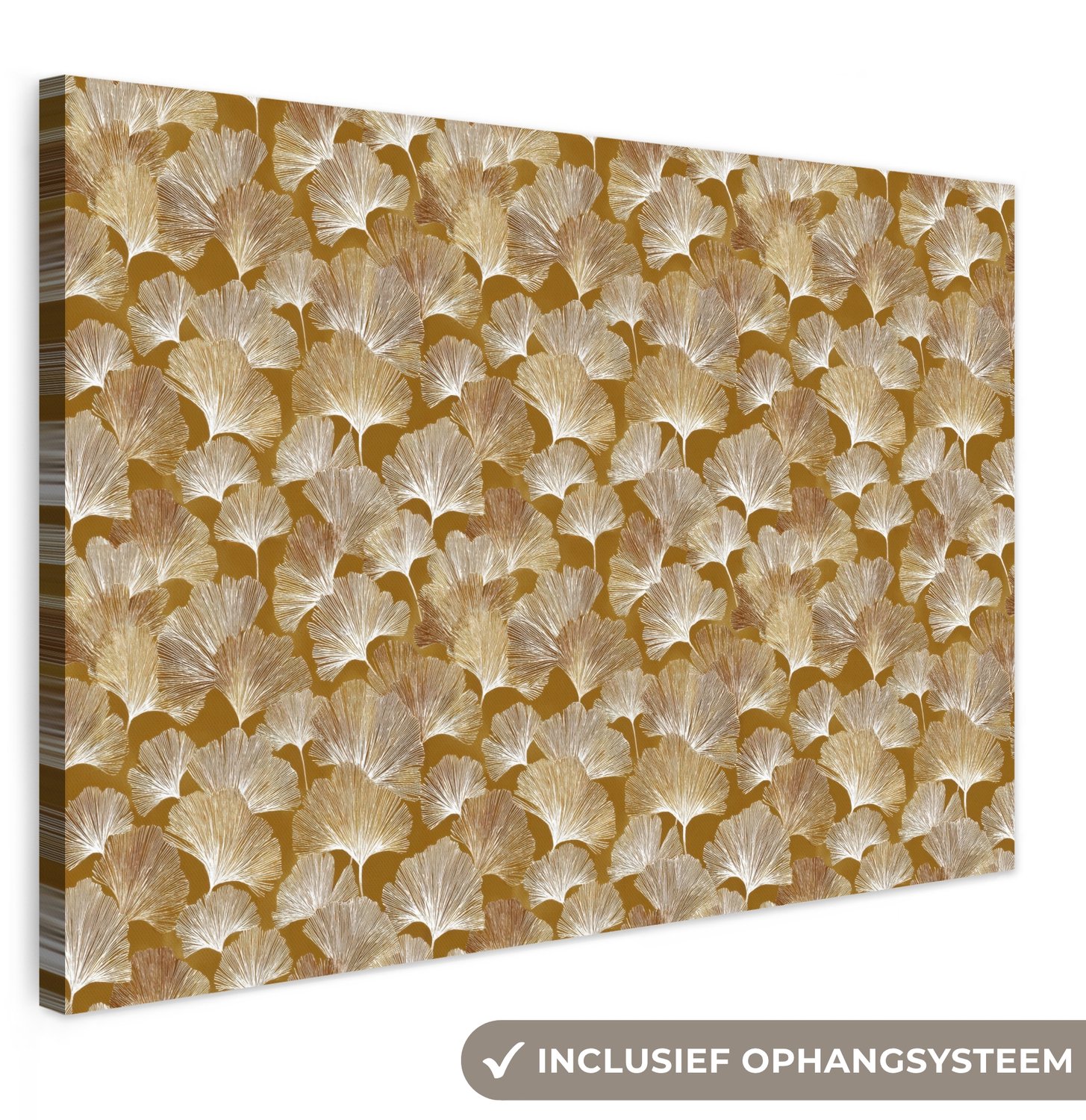 Canvas schilderij 120x80 cm - Exclusieve wanddecoratie Ginkgo - Bladeren - Goud - Muurdecoratie woonkamer - Slaapkamer decoratie - Kamer accessoires - Schilderijen op canvas groot XXL