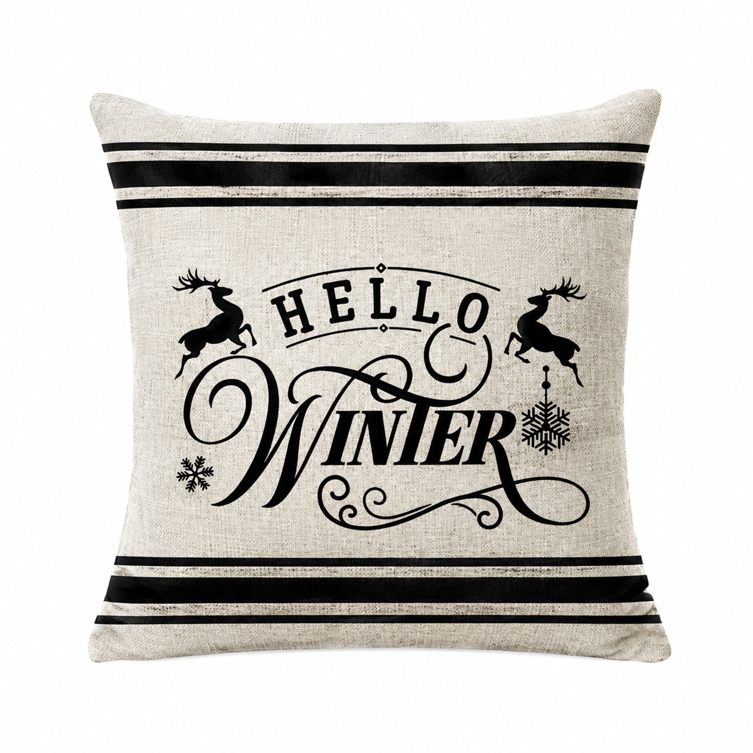 SWGOTA Kussenhoes 45 x 45 cm van linnenmix - winterprint met herten, sneeuwvlokken en zwarte strepen - zonder binnenkussen Beige