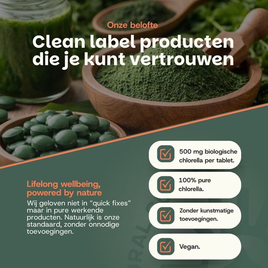 Kom met groene chlorella-tabletten, belooft 500 mg puur biologisch product zonder kunstmatige toevoegingen.
