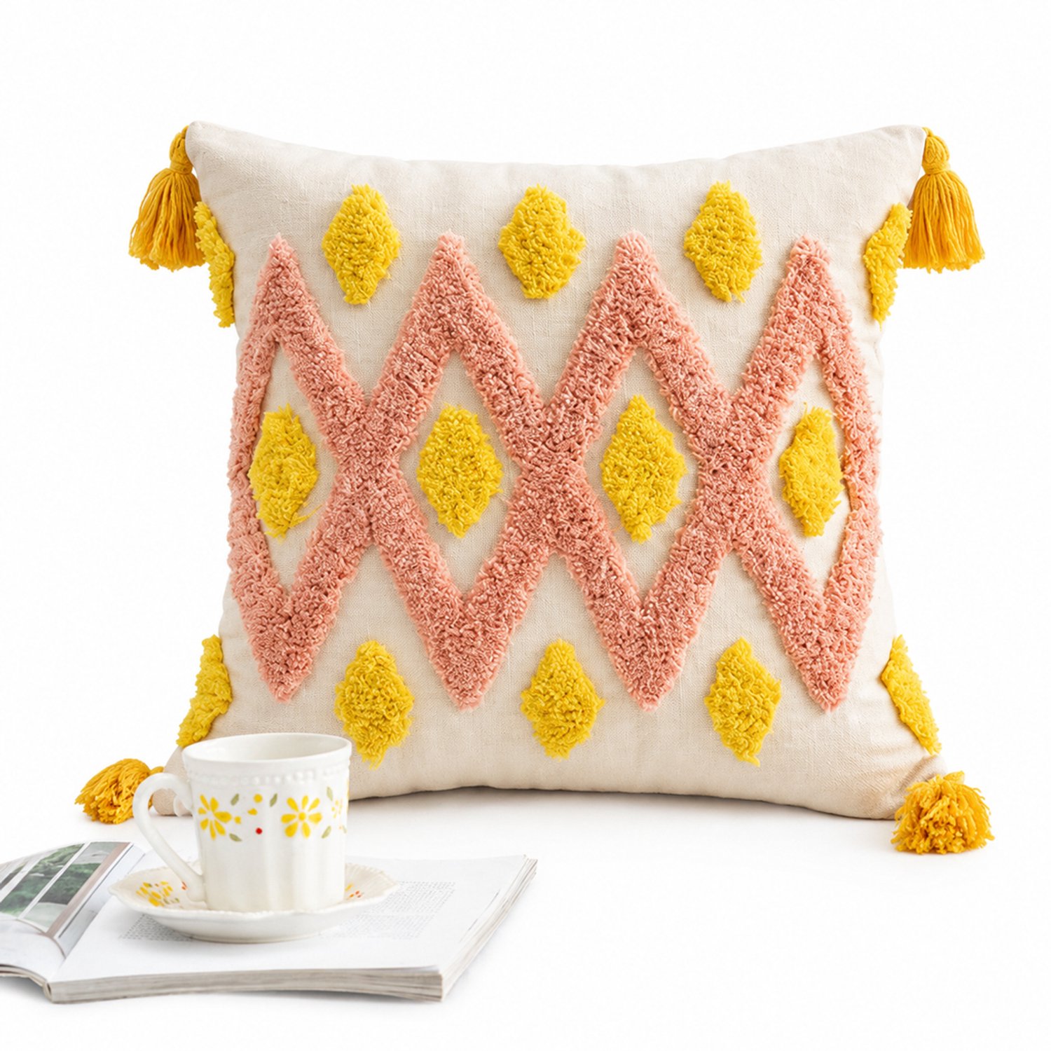 SWGOTA Katoenen kussenhoes 45 x 45 cm met getuft geometrisch patroon en hoekkwastjes - 1 stuk, zonder binnenkussen Crème