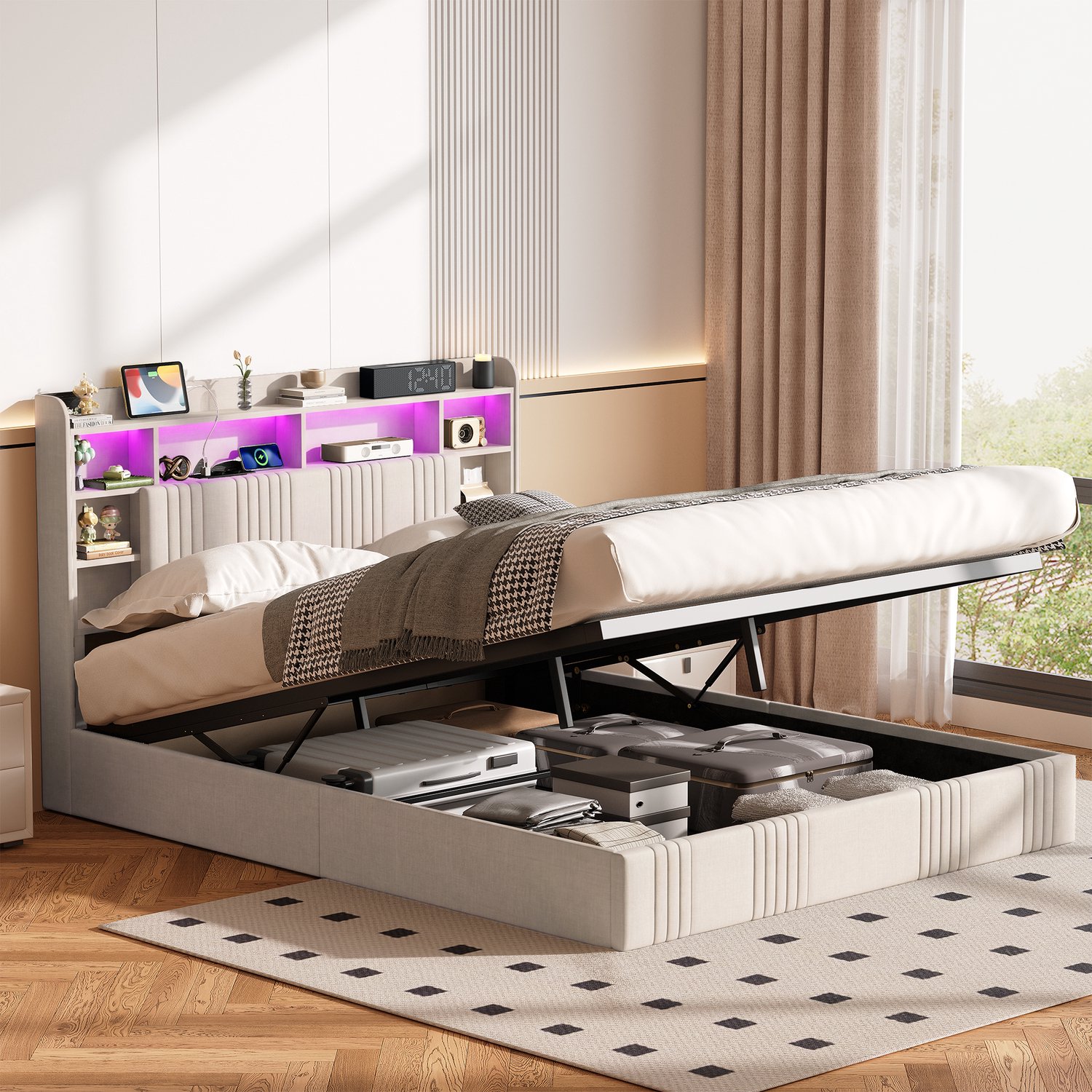 Yelenaro Gestoffeerd bed 160x200 cm, Hydraulisch Opbergbed met LED en USB, Bedombouw met Lattenbodem en Opbergruimte in het Hoofdeinde, Linnen Beige, Zonder Matras