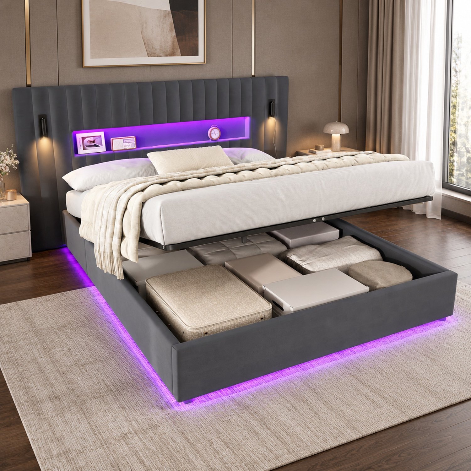 OKWISH Tweepersoonsbed 180 x 200 cm – Hydraulische Opbergruimte – Met Leeslamp en 2 USB-poorten – Fluweel – Grijs
