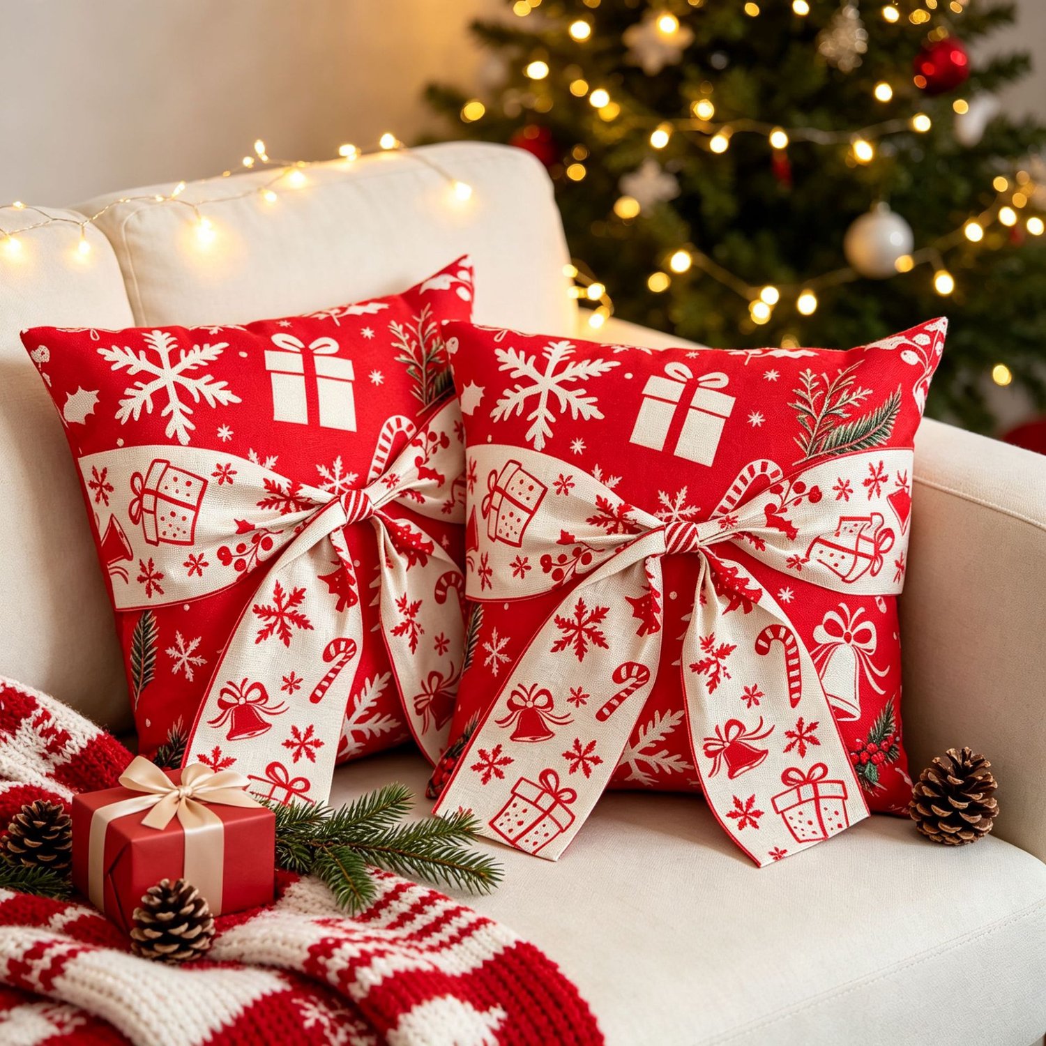 FLITI Kerst Kussenhoezen - Rode Sierkussen Hoezen met Grote Strik en Kerstprint - Decoratieve Hoezen voor Bank en Woonkamer - Zonder Binnenkussens - 45x45 cm - Set van 2 Rood