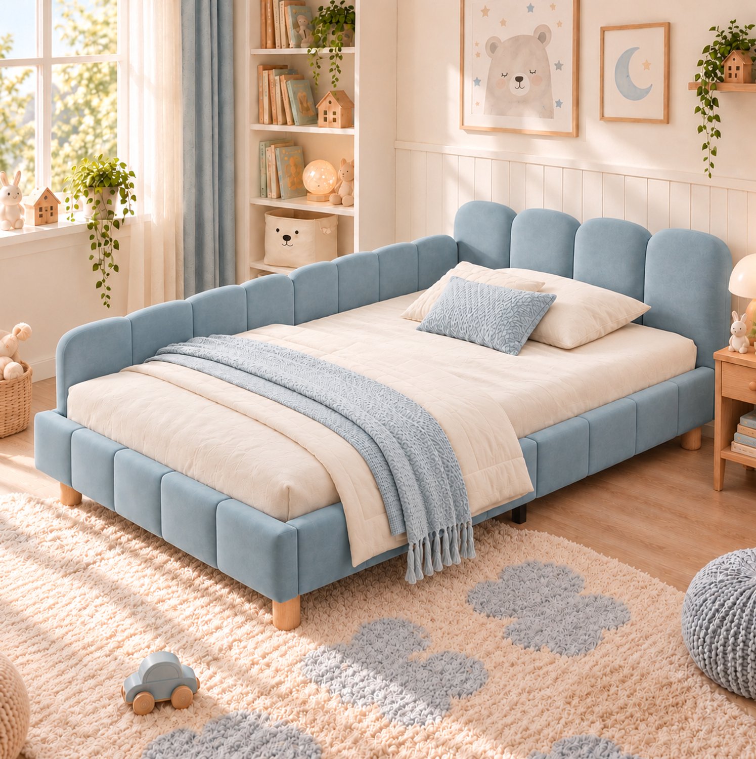 MODFU Kinderbed - Gestoffeerd Met Lattenbodem En Uitvalbeveiliging - Fluweel - Blauw - 90 X 200 Cm