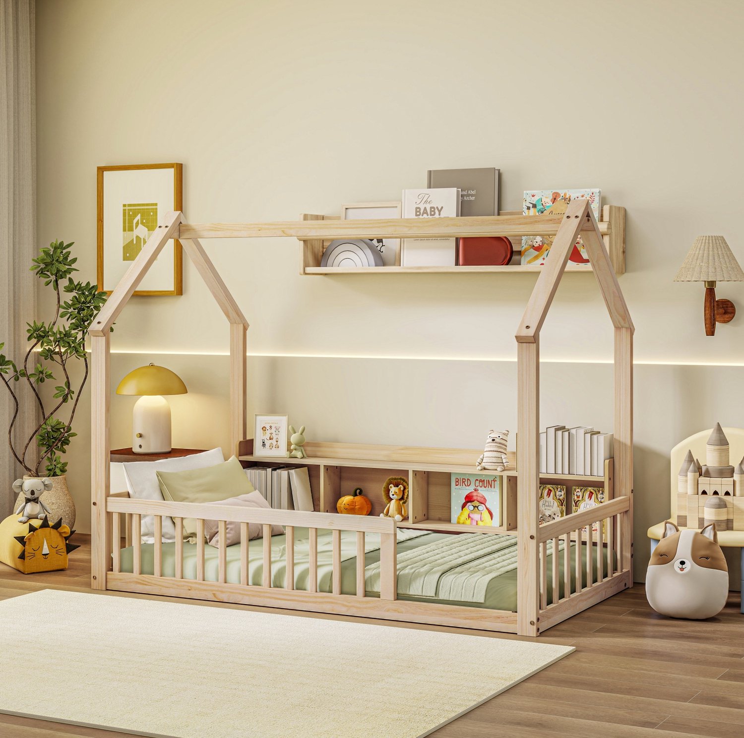 MODFU Kinderbed - Huisvorm Met Opbergvakken En Uitvalbeveiliging - Hout En MDF - Naturel - 90x200 Cm